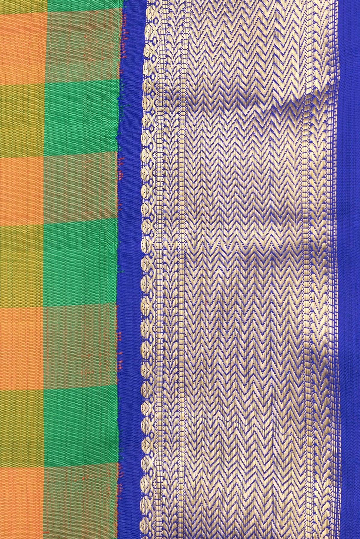 Border image of Green and Orange Color Kanjivaram Silk Saree with Checked design on the body and Zari Border. 