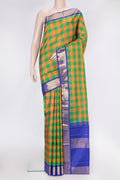 Green and Orange Color Kanjivaram Silk Saree with Checked design on the body and Zari Border.  displayed on a mannequin
