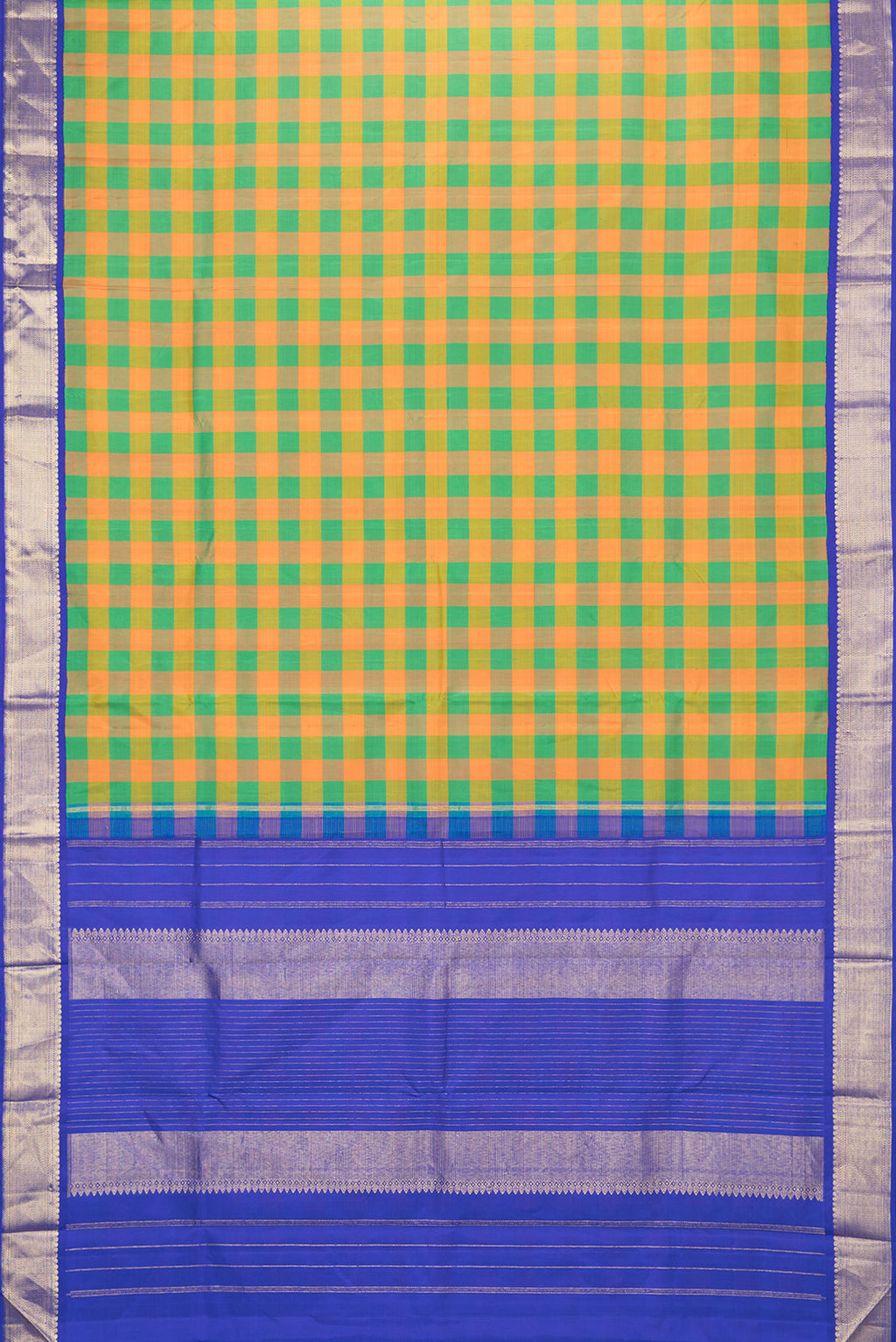 Flat view of Green and Orange Color Kanjivaram Silk Saree with Checked design on the body and Zari Border. 