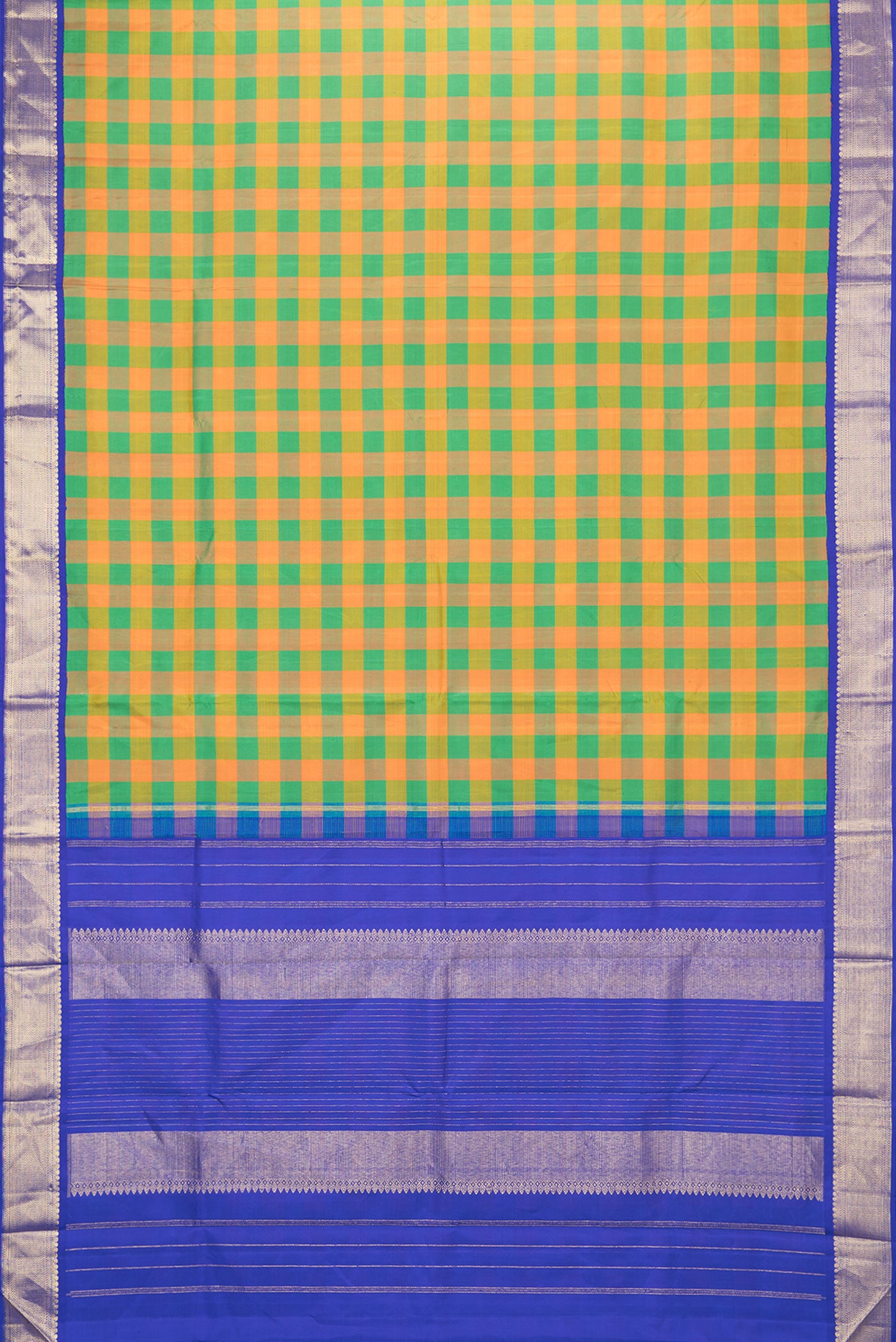 Flat view of Green and Orange Color Kanjivaram Silk Saree with Checked design on the body and Zari Border. 