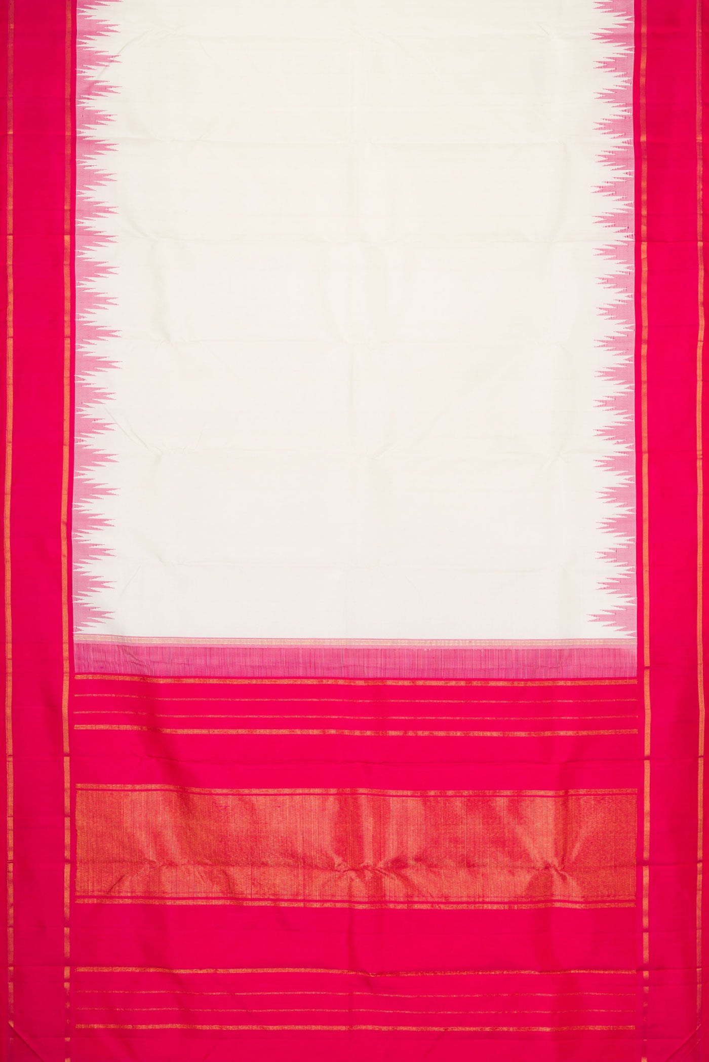 Flat view of Off White Dual Tone Kanchipuram Silk Saree with Plain Body and Temple Border