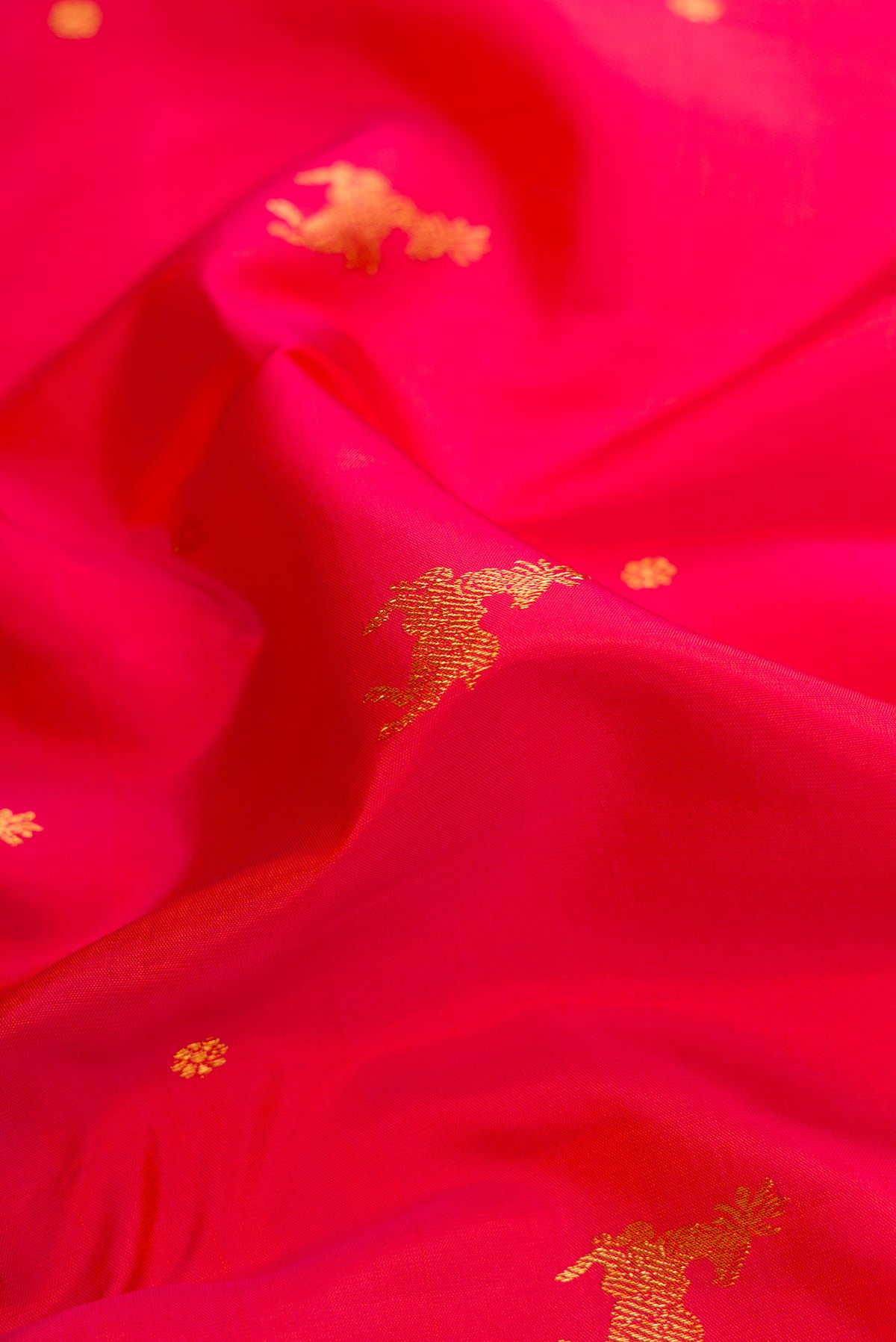 Close up of Red Dual Tone Kanjivaram Silk Saree with Zari Butta on the body and Zari Border.  displaying folds