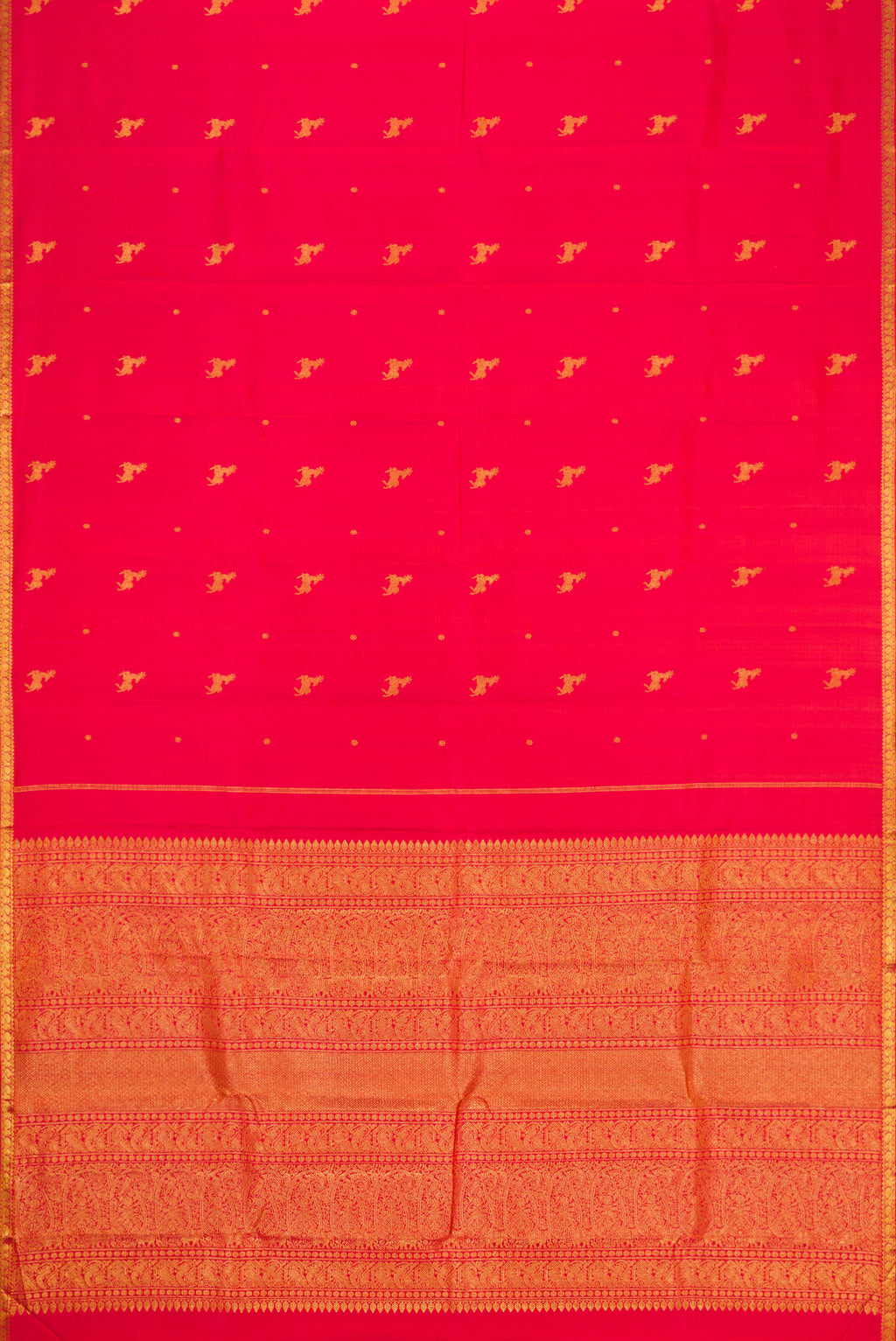 Flat view of Red Dual Tone Kanjivaram Silk Saree with Zari Butta on the body and Zari Border. 