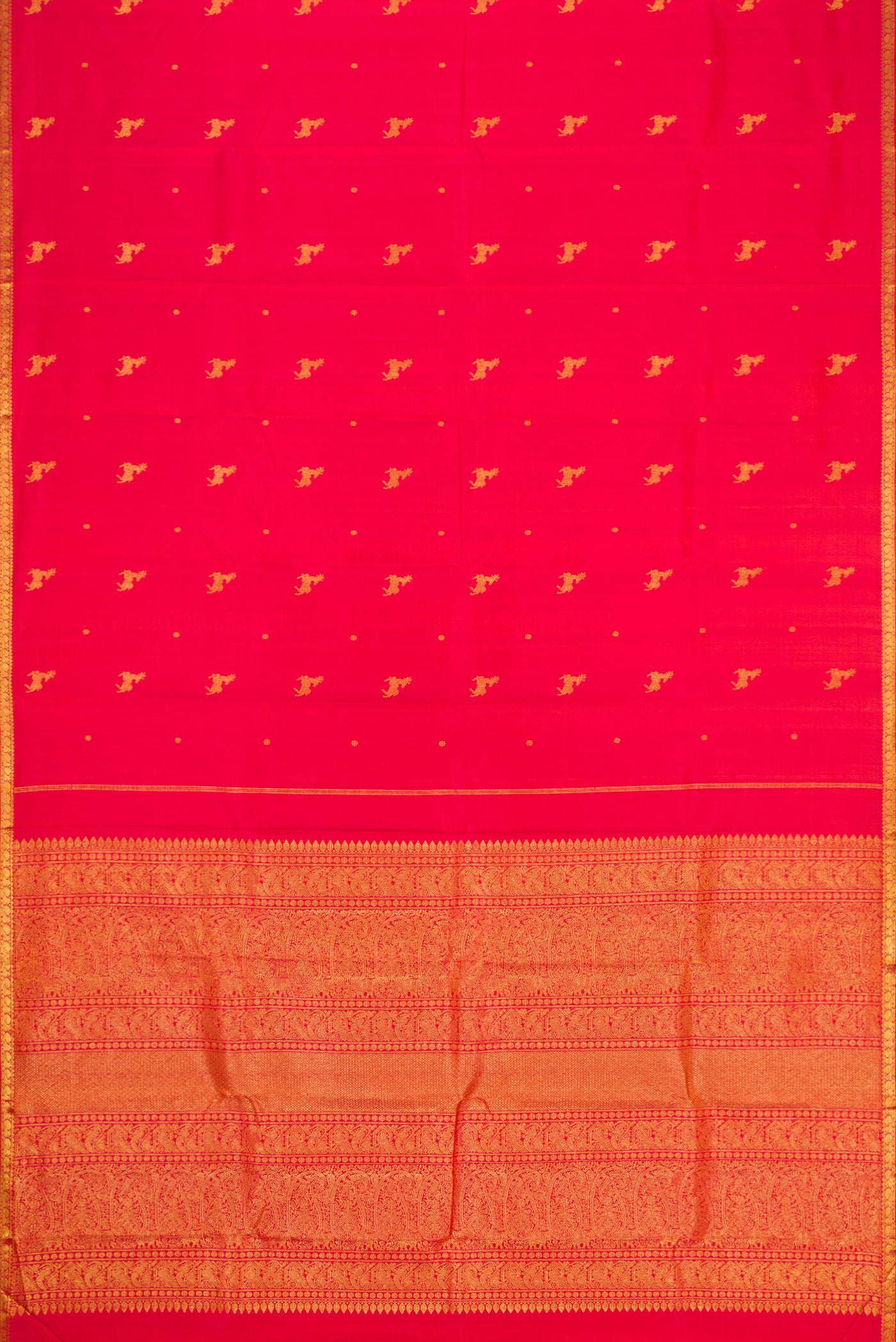 Flat view of Red Dual Tone Kanjivaram Silk Saree with Zari Butta on the body and Zari Border. 