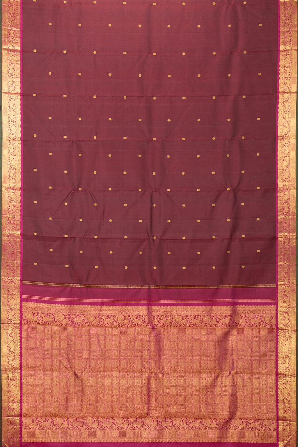 Flat view of Maroon Dual Tone Kanchipuram Silk Saree with Zari Butta on the body and Zari Border. 