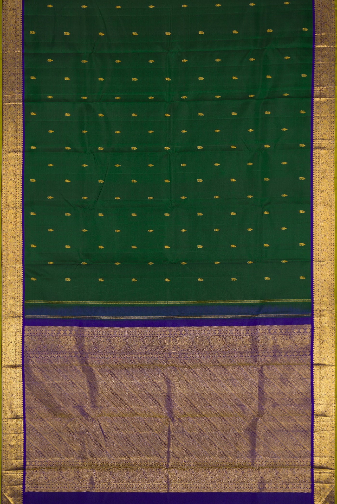 Flat view of Bottle Green Dual Tone Kanchipuram Silk Saree with Zari Butta on the body and Zari Border. 