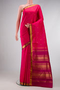 Dark Pink Dual Tone Kanchipuram Silk Saree with Zari Brocade on the body and Zari Border.  displayed on a mannequin