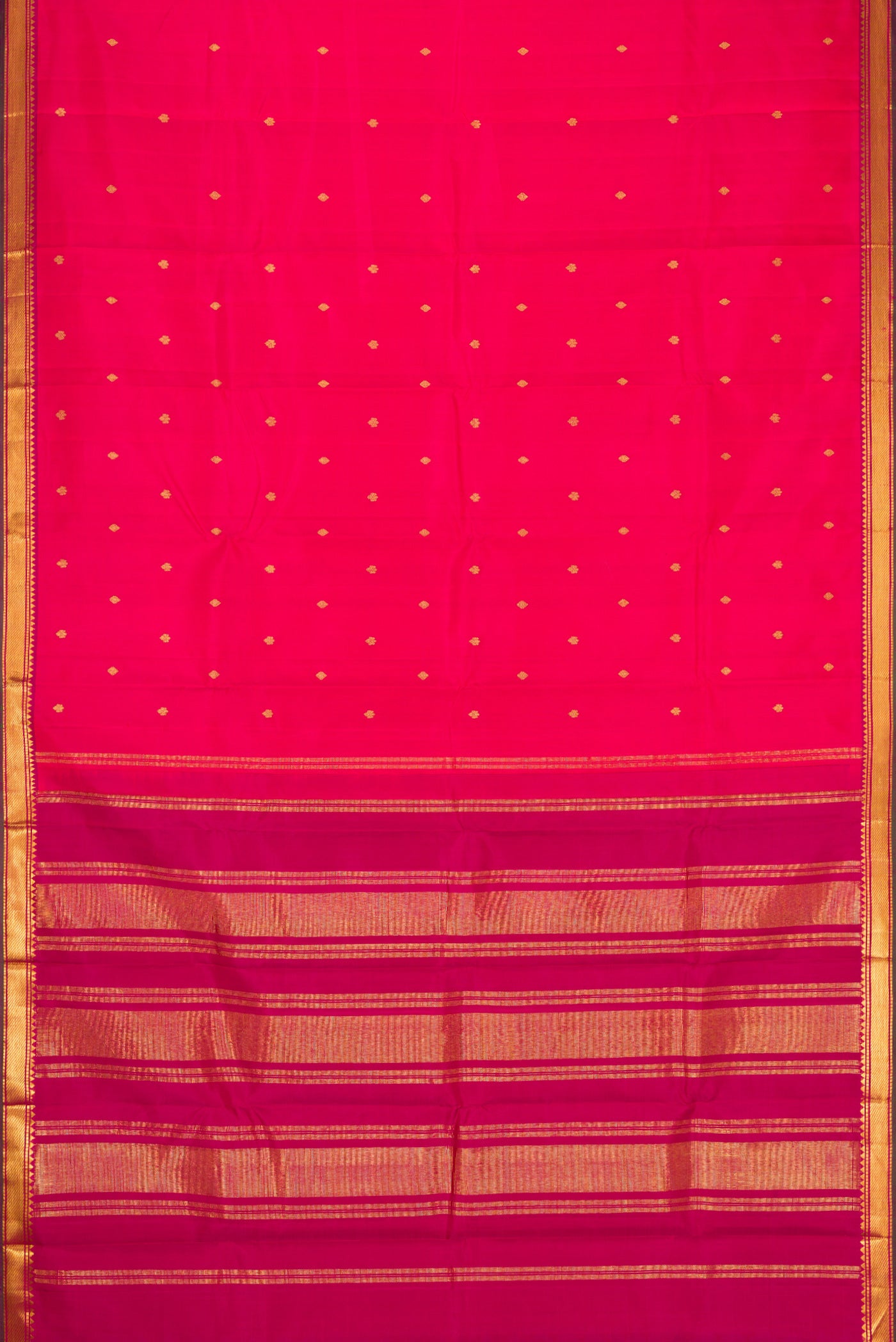 Flat view of Dark Pink Dual Tone Kanchipuram Silk Saree with Zari Brocade on the body and Zari Border. 