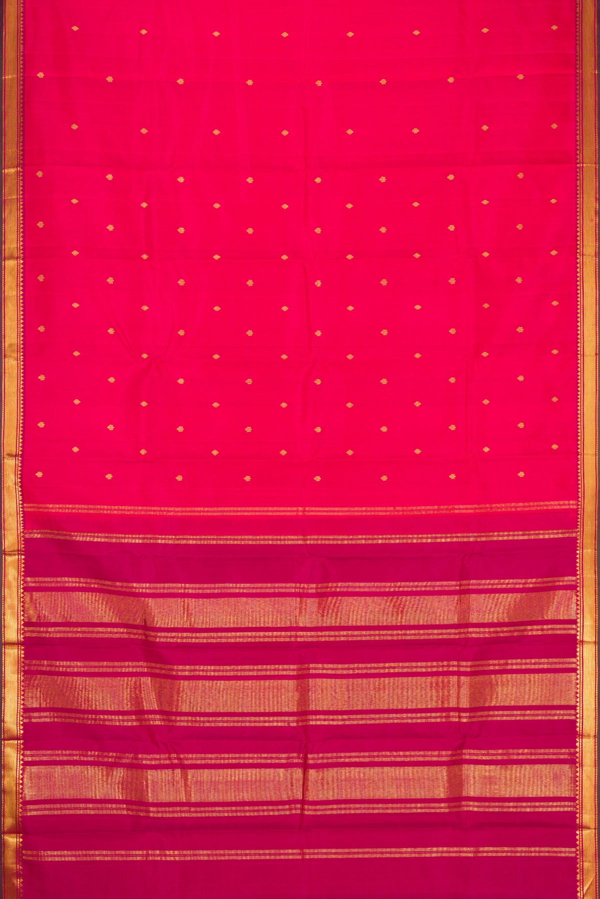 Flat view of Dark Pink Dual Tone Kanchipuram Silk Saree with Zari Brocade on the body and Zari Border. 
