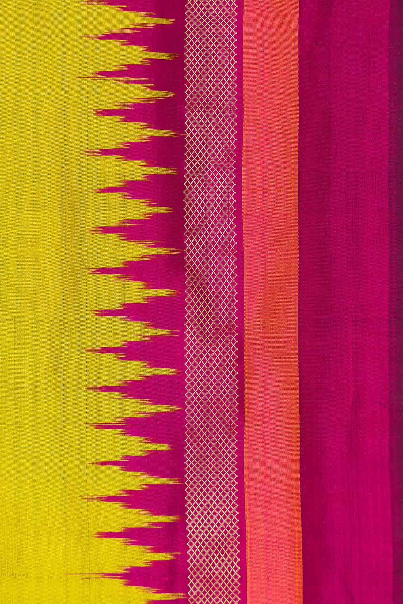 Border image of Parrot Green Dual Tone Double Ikat Saree with Plain Body and Zari Border. 