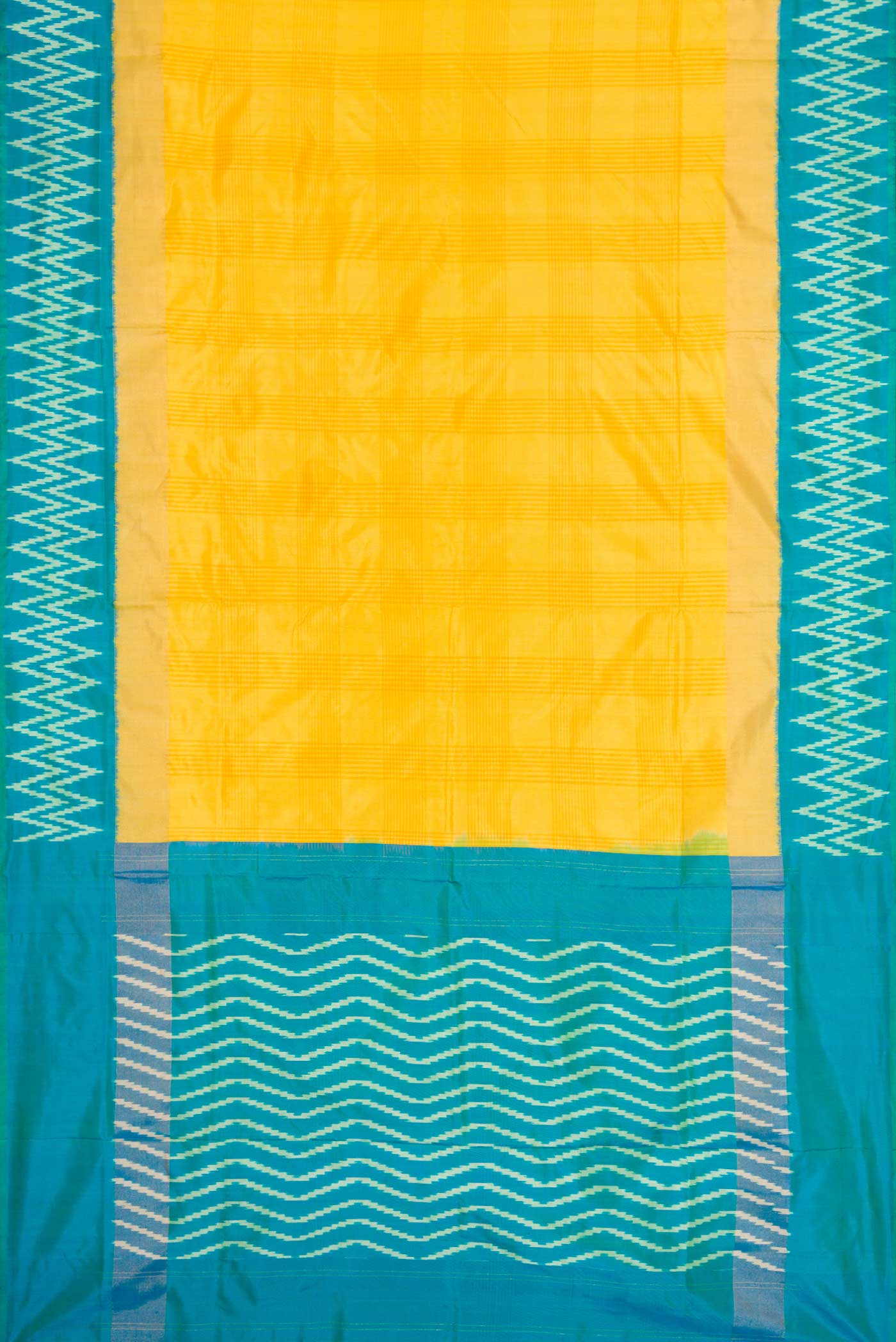Flat view of Yellow Pochampally Silk Saree with Checked design on the body and Ikat Border