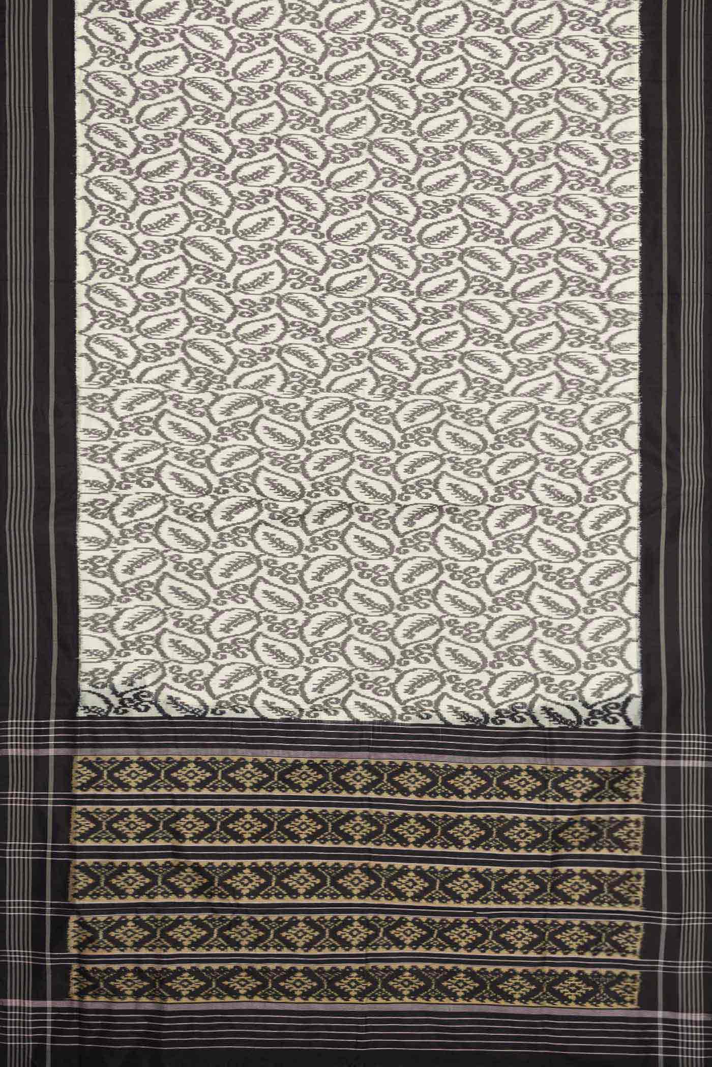 Flat view of Off White Pochampally Silk Saree with Pure Ikat on the body and Plain Border