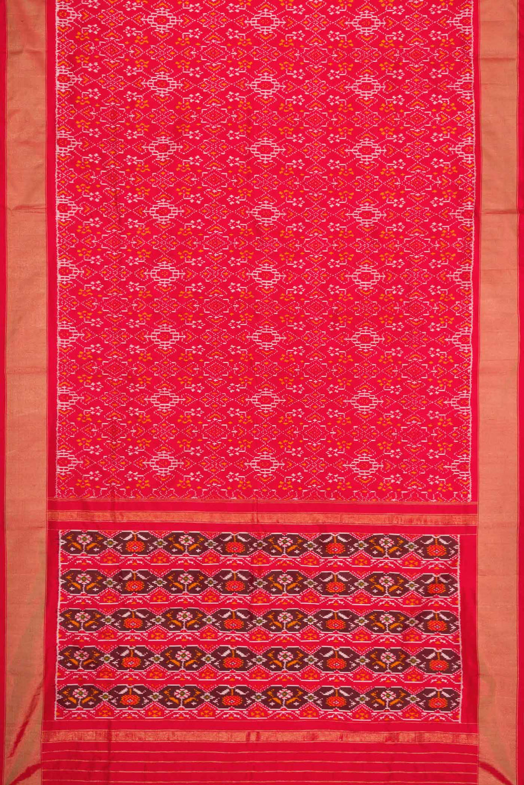 Flat view of Red Pochampally Silk Saree with Pure Ikat on the body and Zari Border
