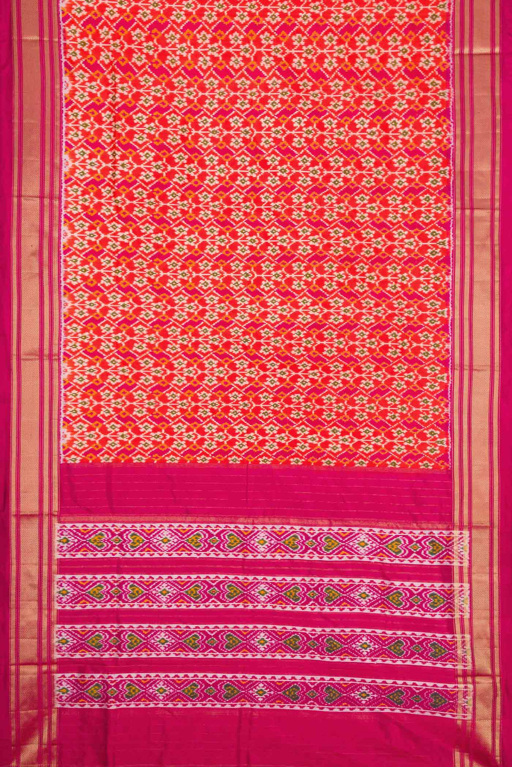 Flat view of Orange Pochampally Silk Saree with Pure Ikat on the body and Zari Border