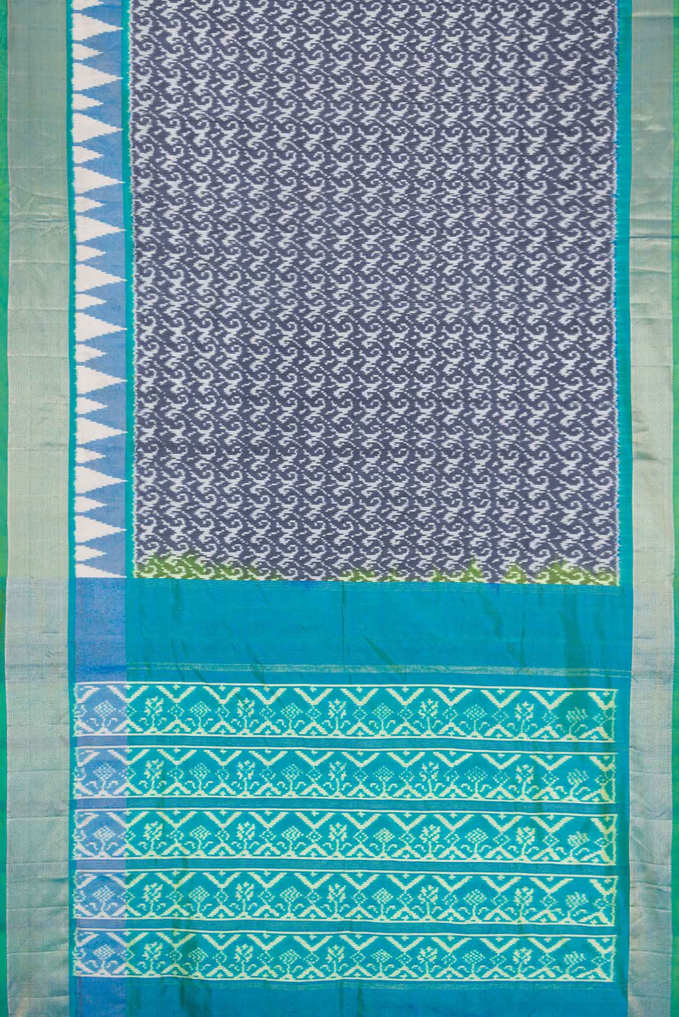 Flat view of Grey Dual Tone Double Ikat Saree with Ikat Print on the body and Ikat Border