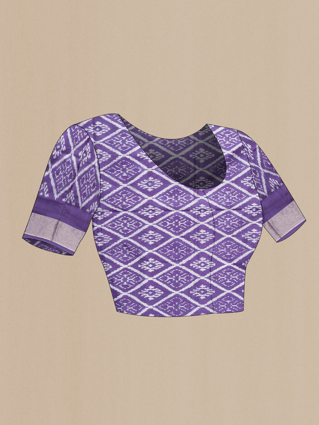 Close up image of the blouse of Lilac Pochampally Silk Saree with Pure Ikat on the body and Zari Border