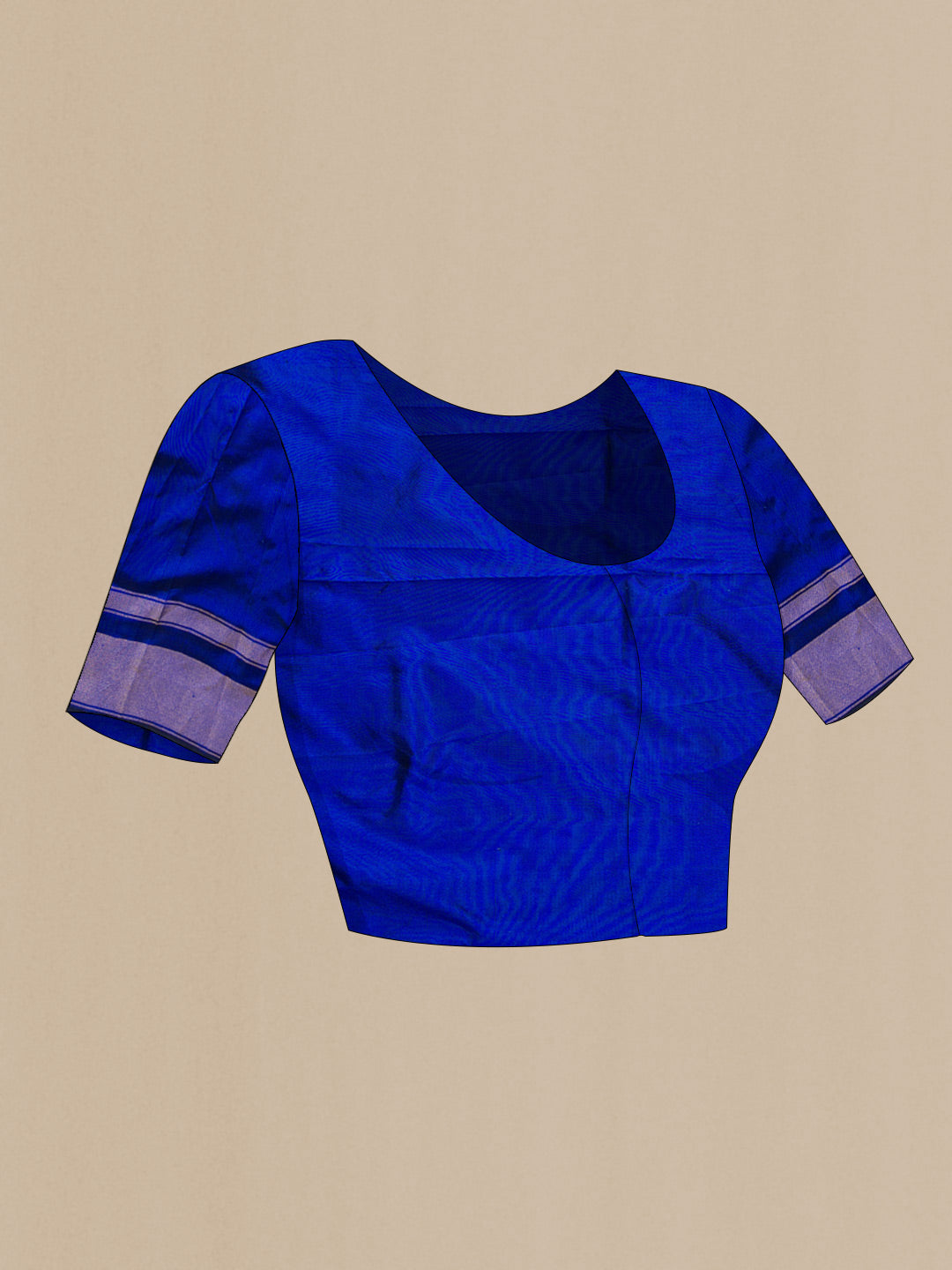 Close up image of the blouse of Royal Blue Dual Tone Double Ikat Saree with Ikat Print on the body and Zari Border. 