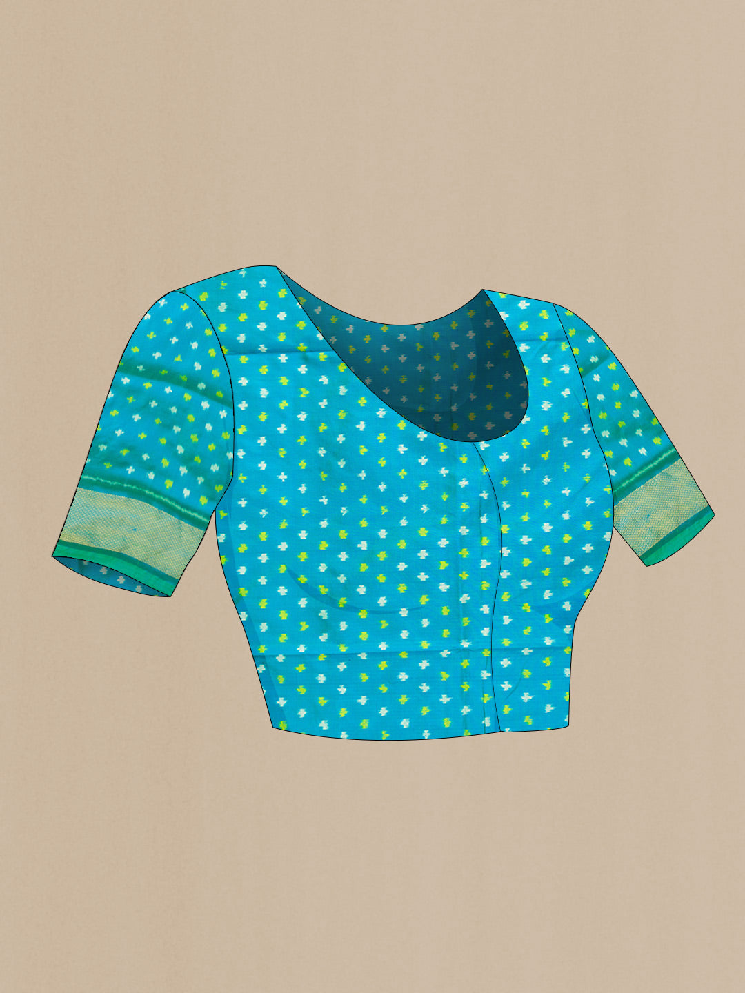 Close up image of the blouse of Parrot Green Dual Tone Double Ikat Saree with Ikat Print on the body and Ikat Border