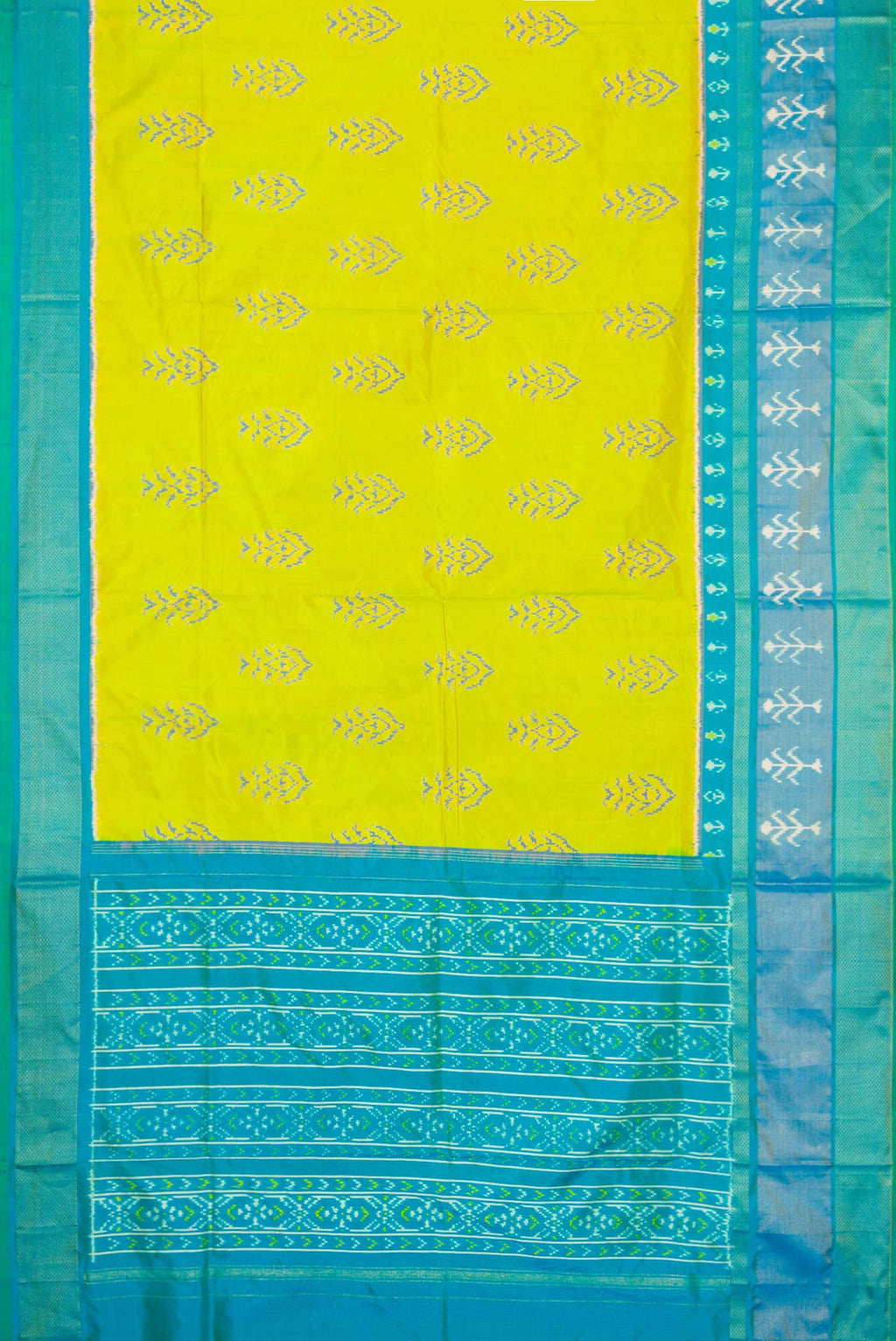 Flat view of Parrot Green Dual Tone Double Ikat Saree with Ikat Print on the body and Ikat Border