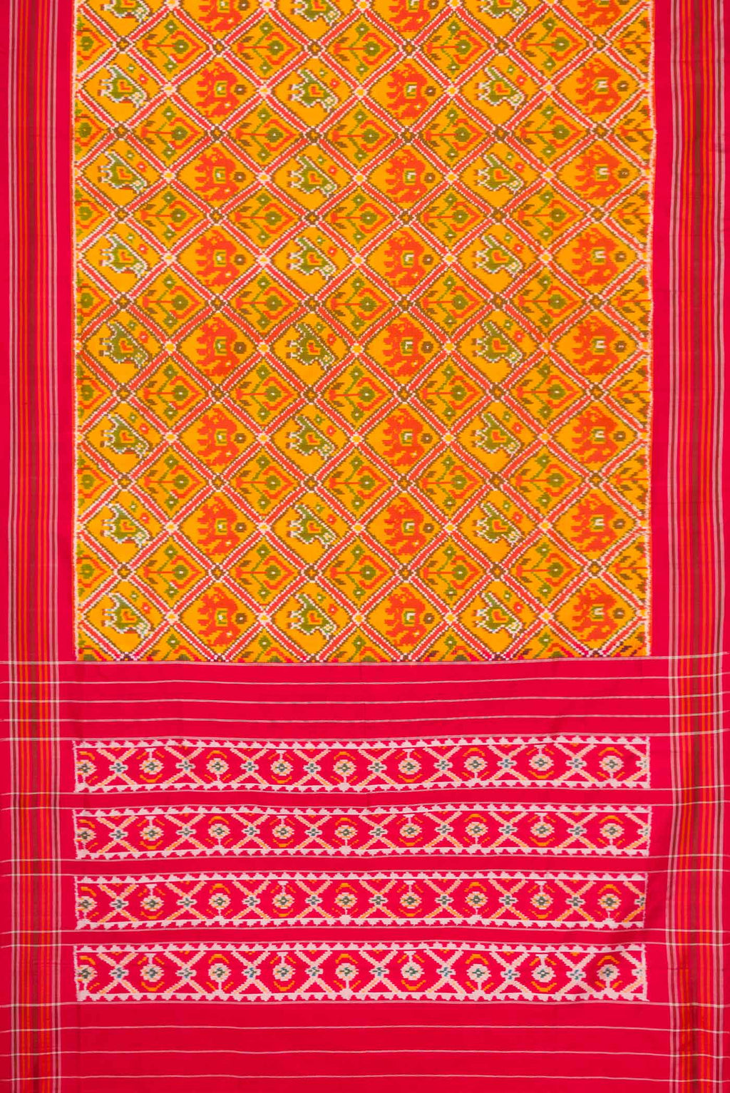 Flat view of Yellow Dual Tone Double Ikat Saree with Ikat Print on the body and Thread Border