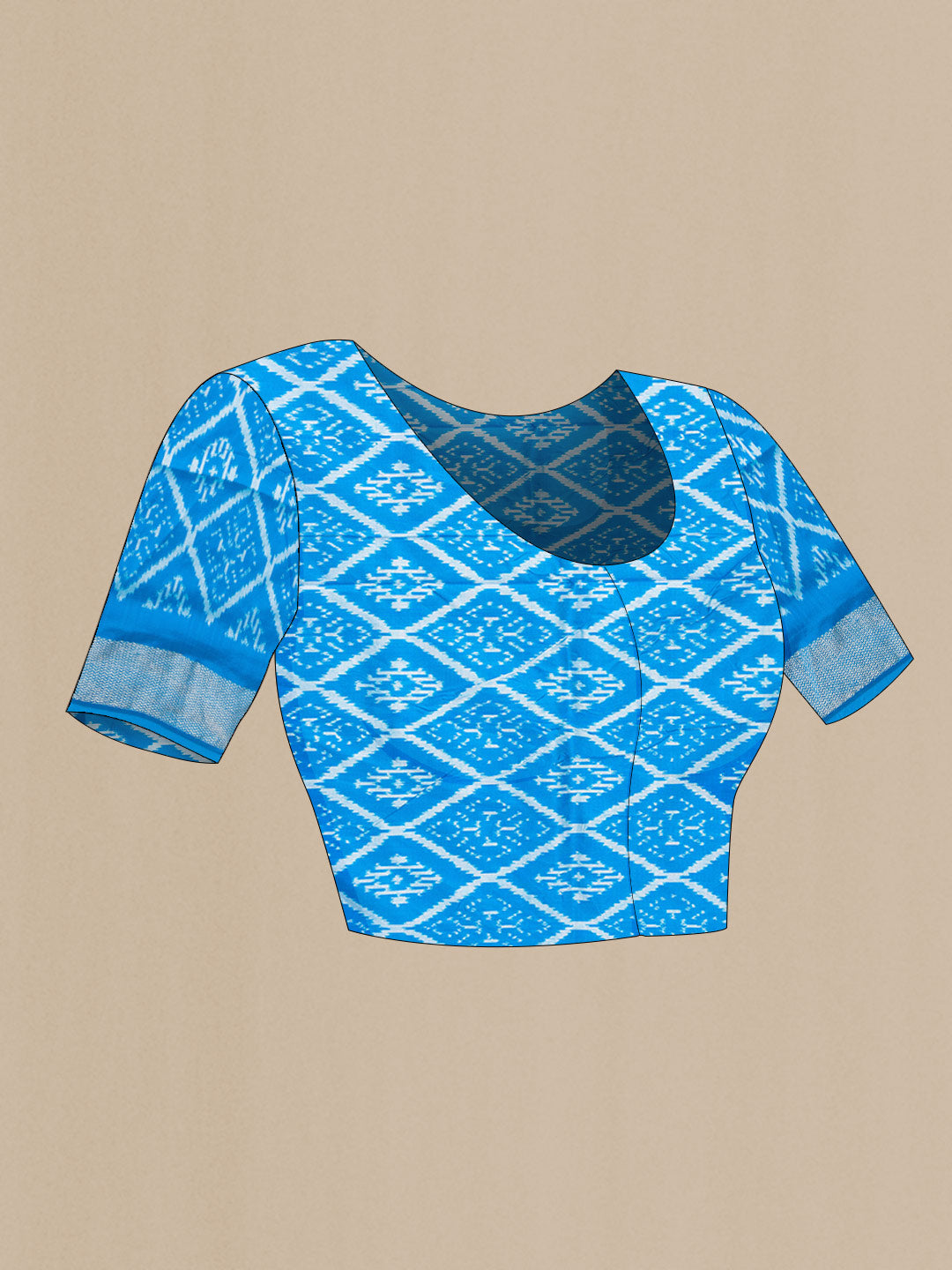 Close up image of the blouse of Sky Blue Pochampally Silk Saree with Pure Ikat on the body and Zari Border