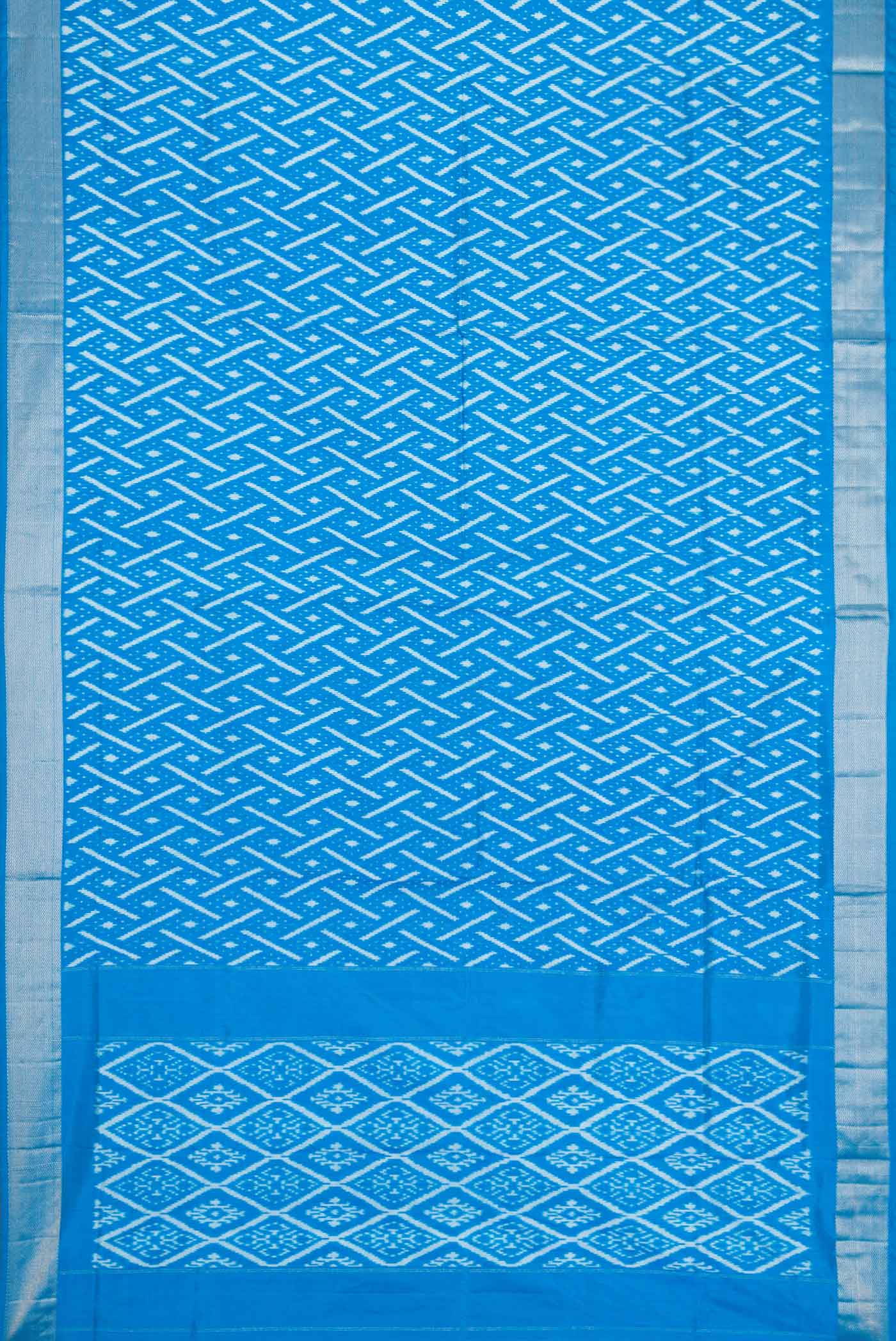 Flat view of Sky Blue Pochampally Silk Saree with Pure Ikat on the body and Zari Border