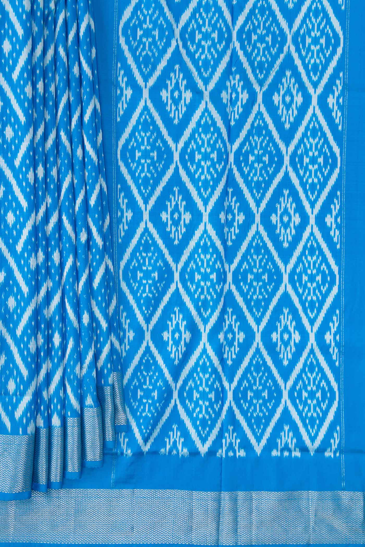 Pleats and pallu of Sky Blue Pochampally Silk Saree with Pure Ikat on the body and Zari Border