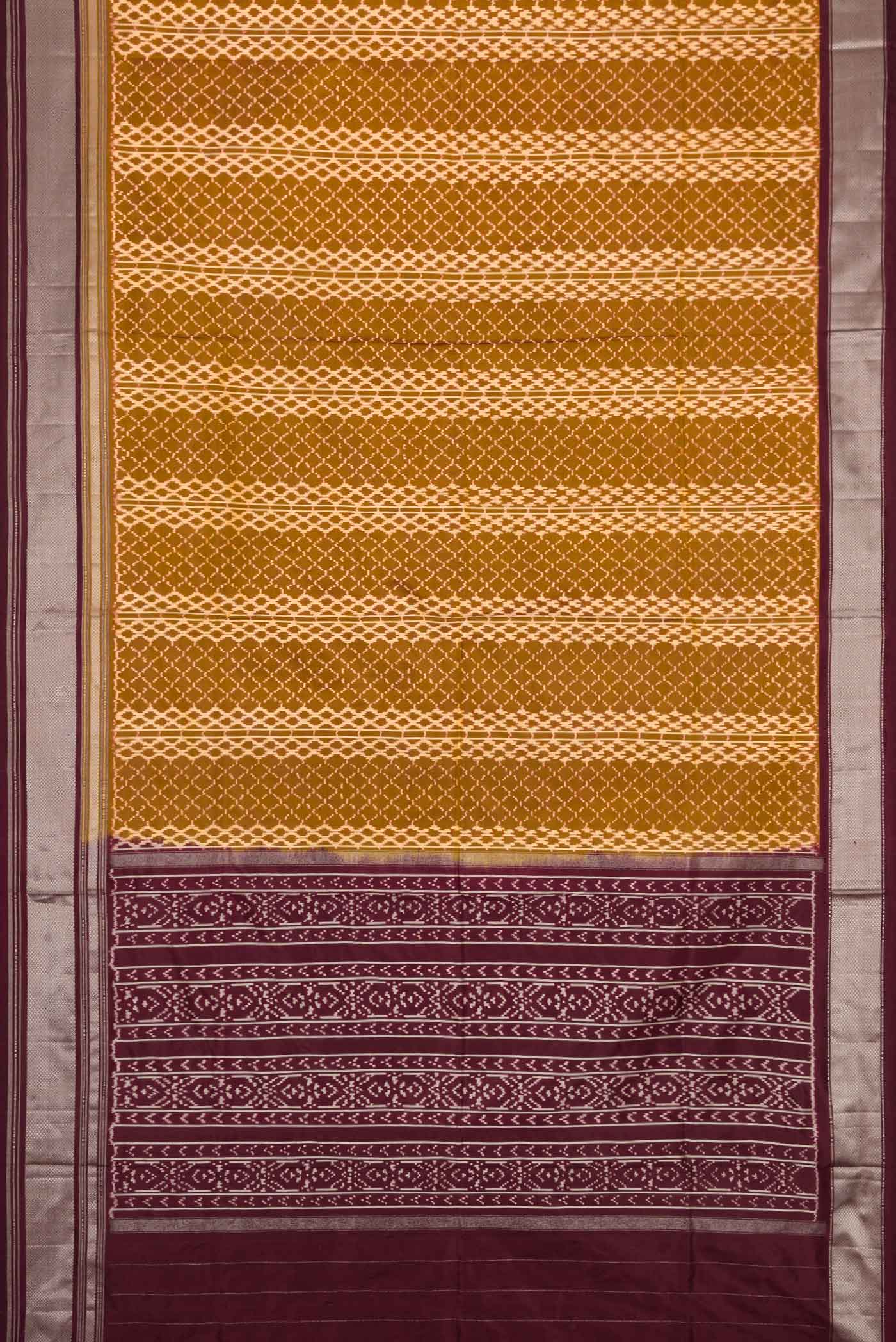 Flat view of Mehandi Green Dual Tone Double Ikat Saree with Ikat Print on the body and Zari Border. 