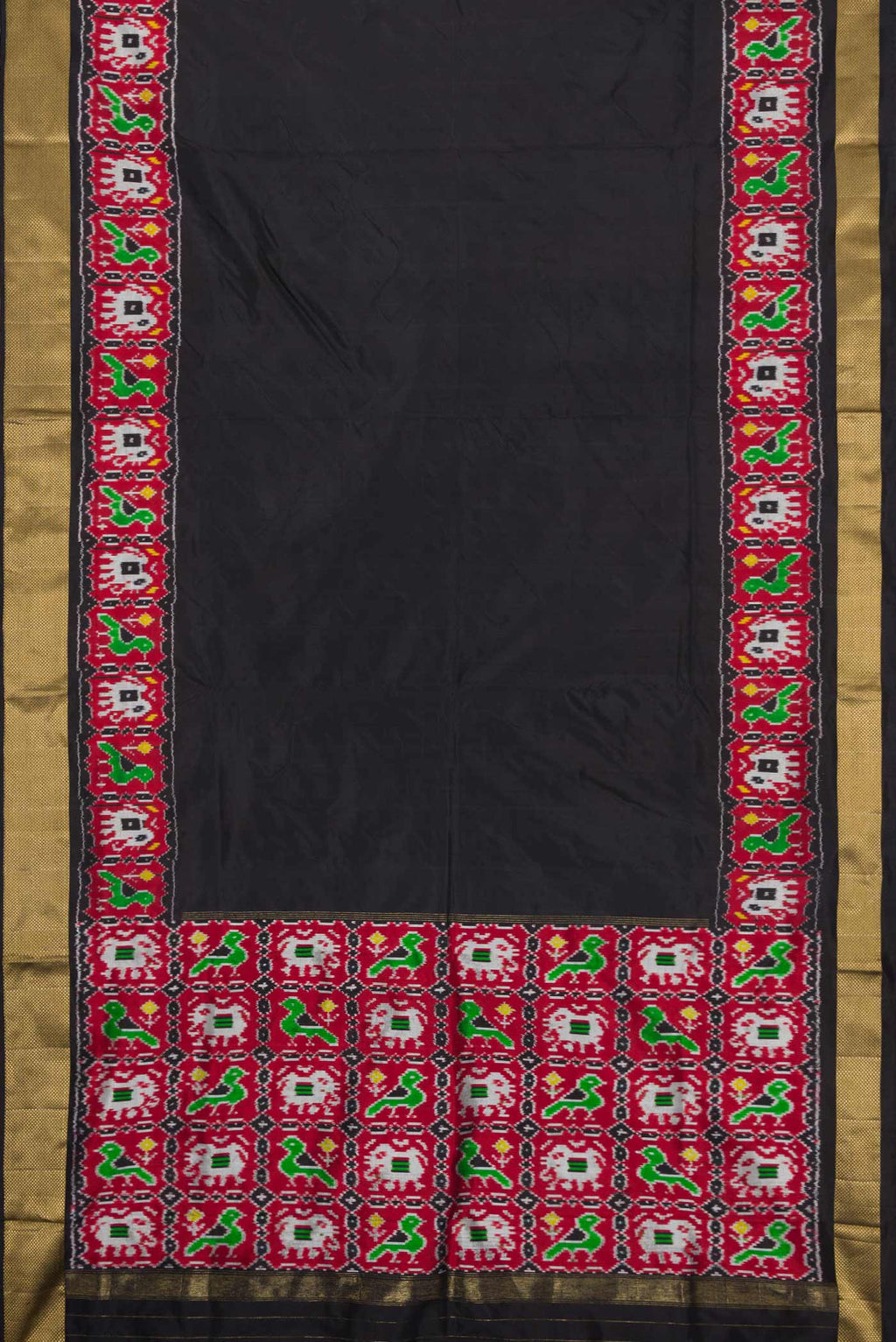 Flat view of Black Dual Tone Double Ikat Saree with Plain Body and Ikat Border. 