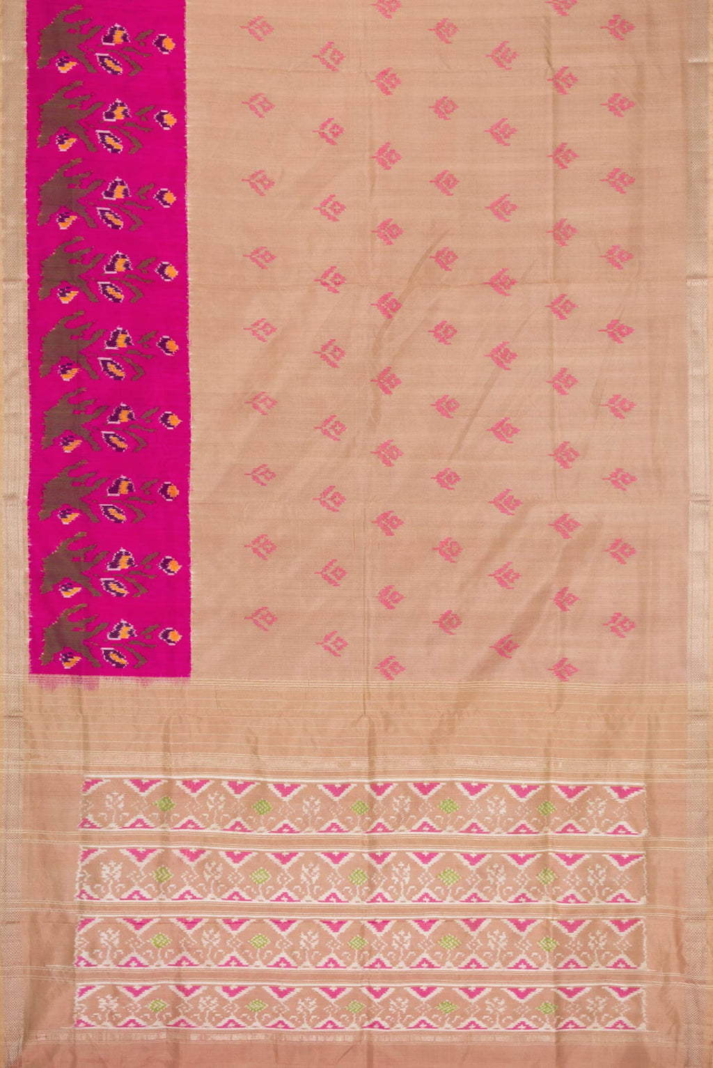 Flat view of Beige Dual Tone Double Ikat Saree with Ikat Print on the body and Ikat Border. 