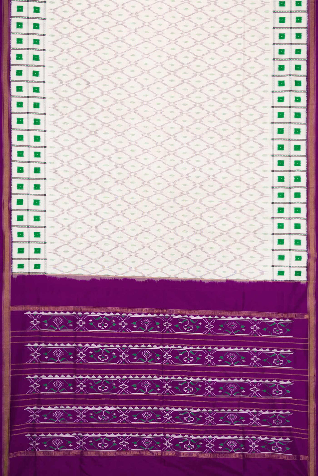 Flat view of Off White Dual Tone Double Ikat Saree with Ikat Print on the body and Ikat Border