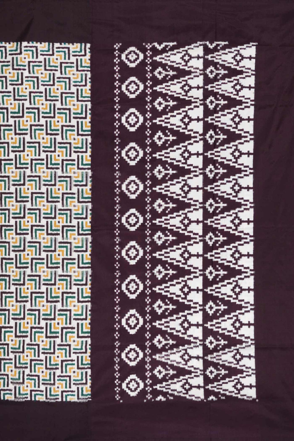 Close up image of the pallu of Off White Pochampally Silk Saree with Pure Ikat on the body and Plain Border