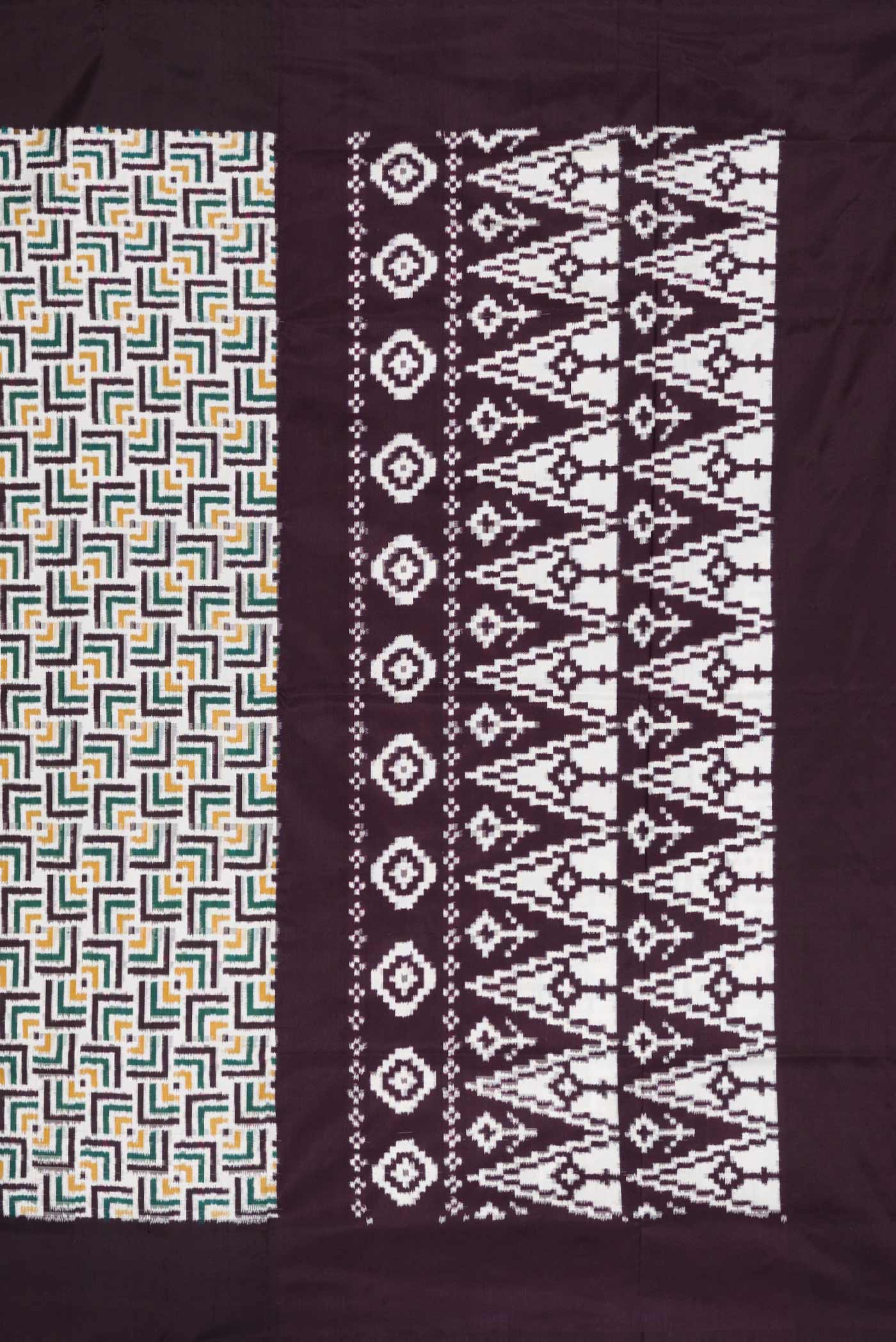 Close up image of the pallu of Off White Pochampally Silk Saree with Pure Ikat on the body and Plain Border