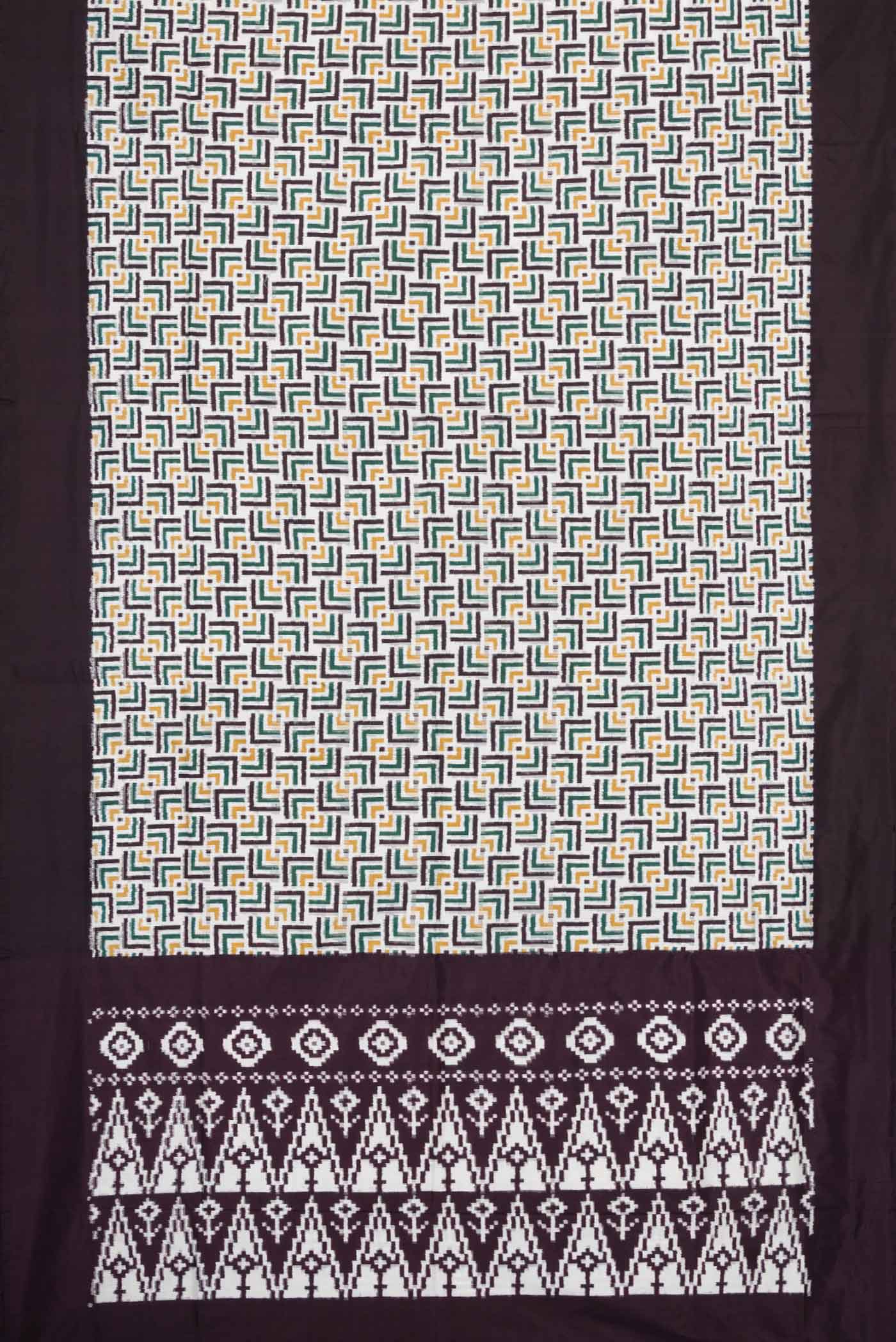 Flat view of Off White Pochampally Silk Saree with Pure Ikat on the body and Plain Border