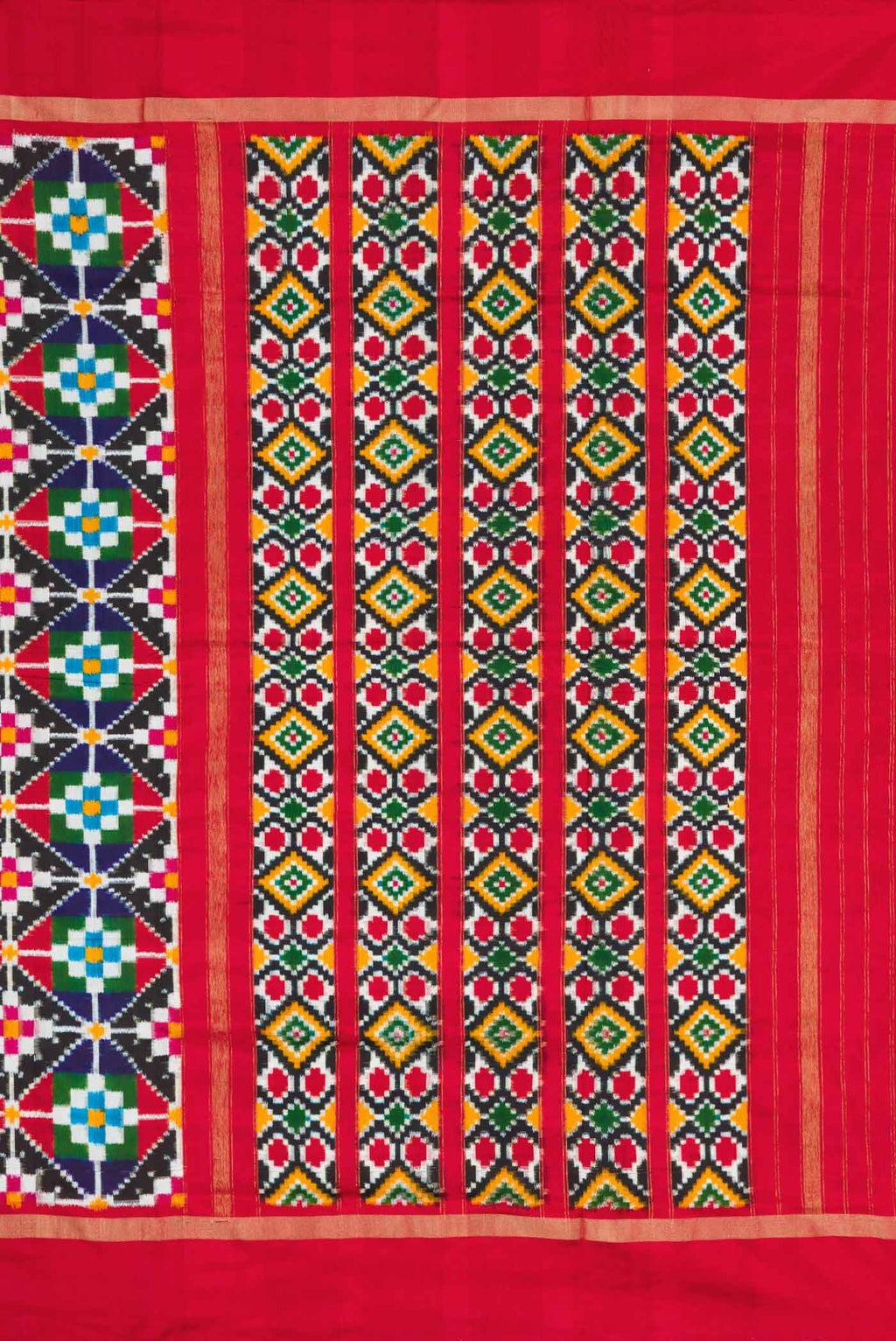 Close up image of the pallu of Multi Color Pochampally Silk Saree with Pure Ikat on the body and Zari Border