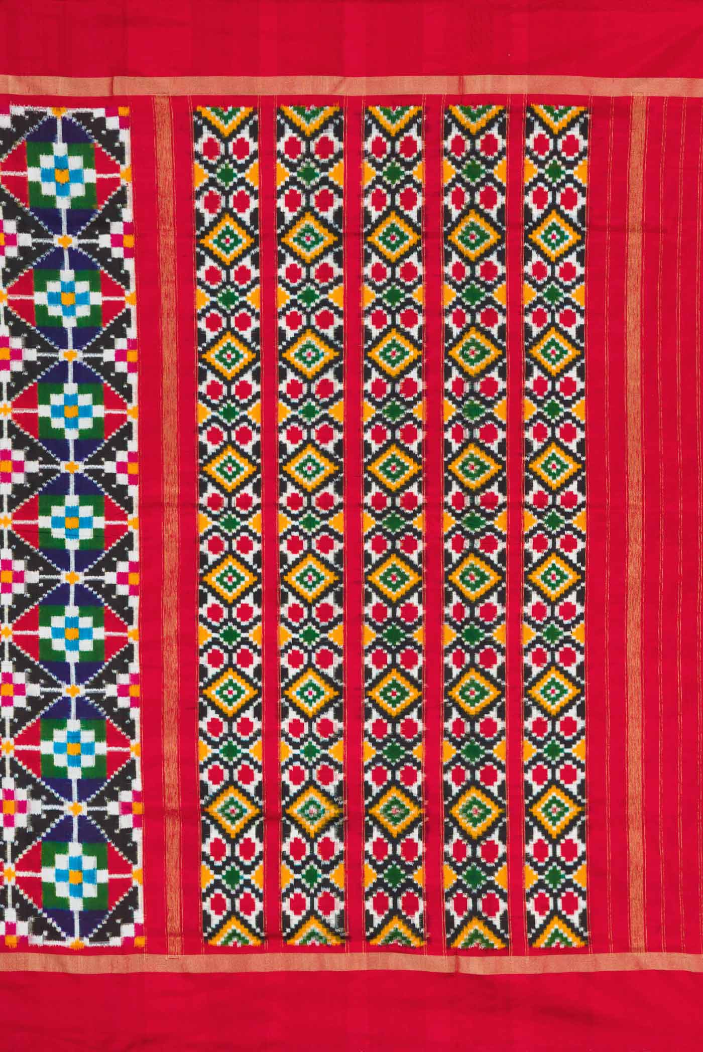 Close up image of the pallu of Multi Color Pochampally Silk Saree with Pure Ikat on the body and Zari Border