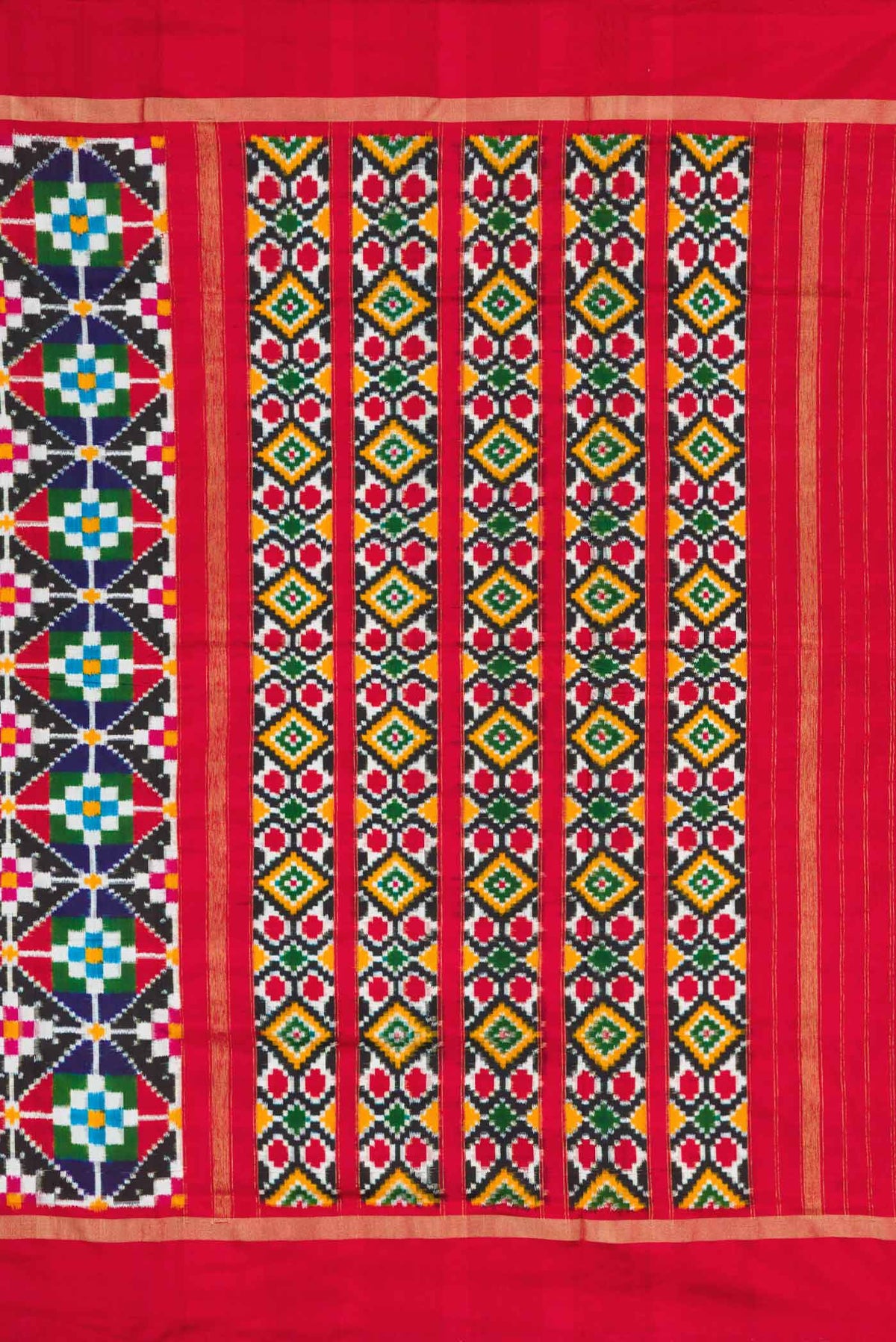 Close up image of the pallu of Multi Color Pochampally Silk Saree with Pure Ikat on the body and Zari Border