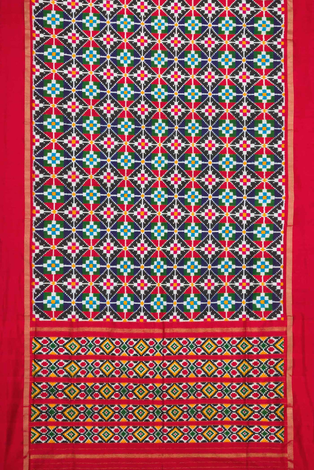 Flat view of Multi Color Pochampally Silk Saree with Pure Ikat on the body and Zari Border