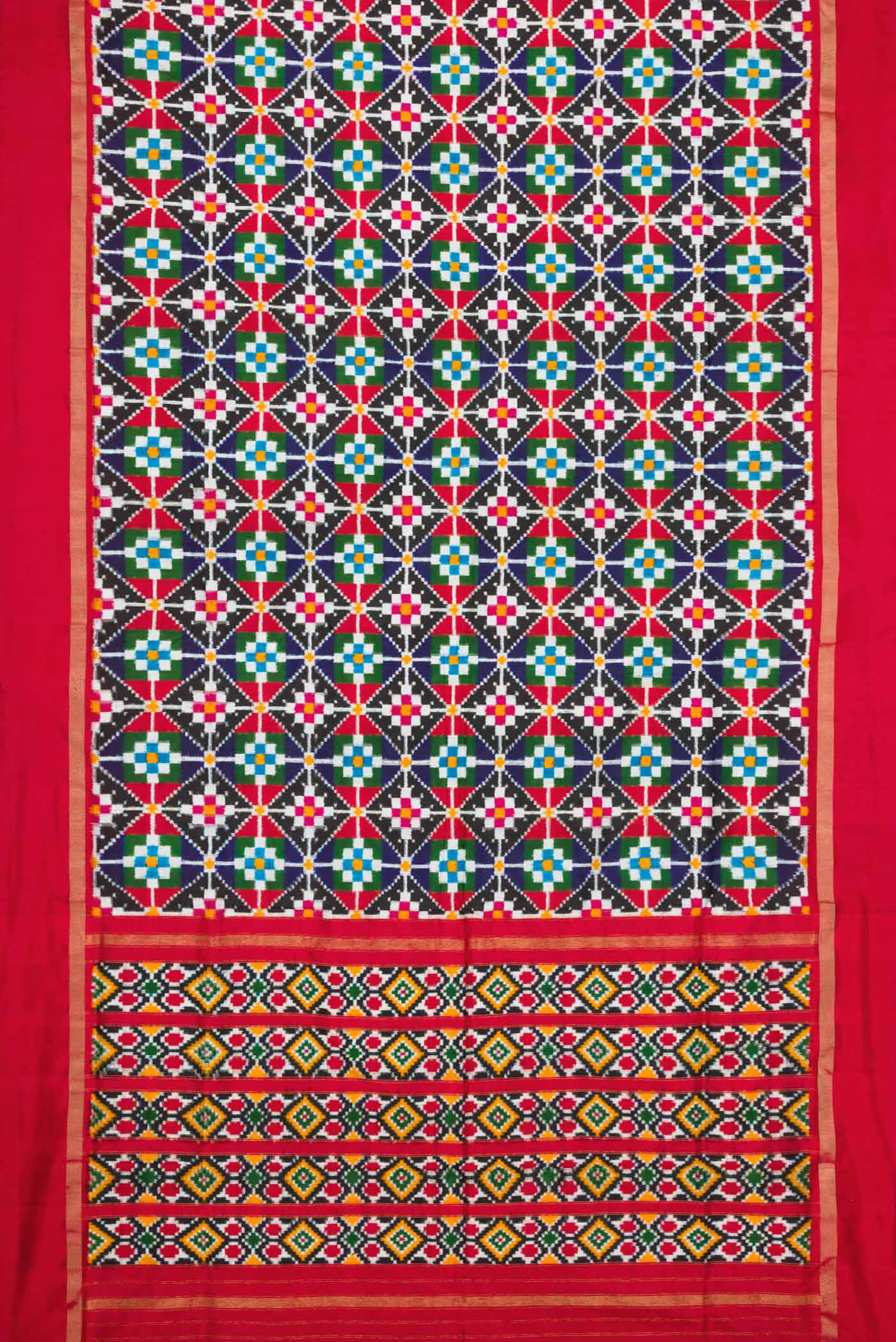 Flat view of Multi Color Pochampally Silk Saree with Pure Ikat on the body and Zari Border