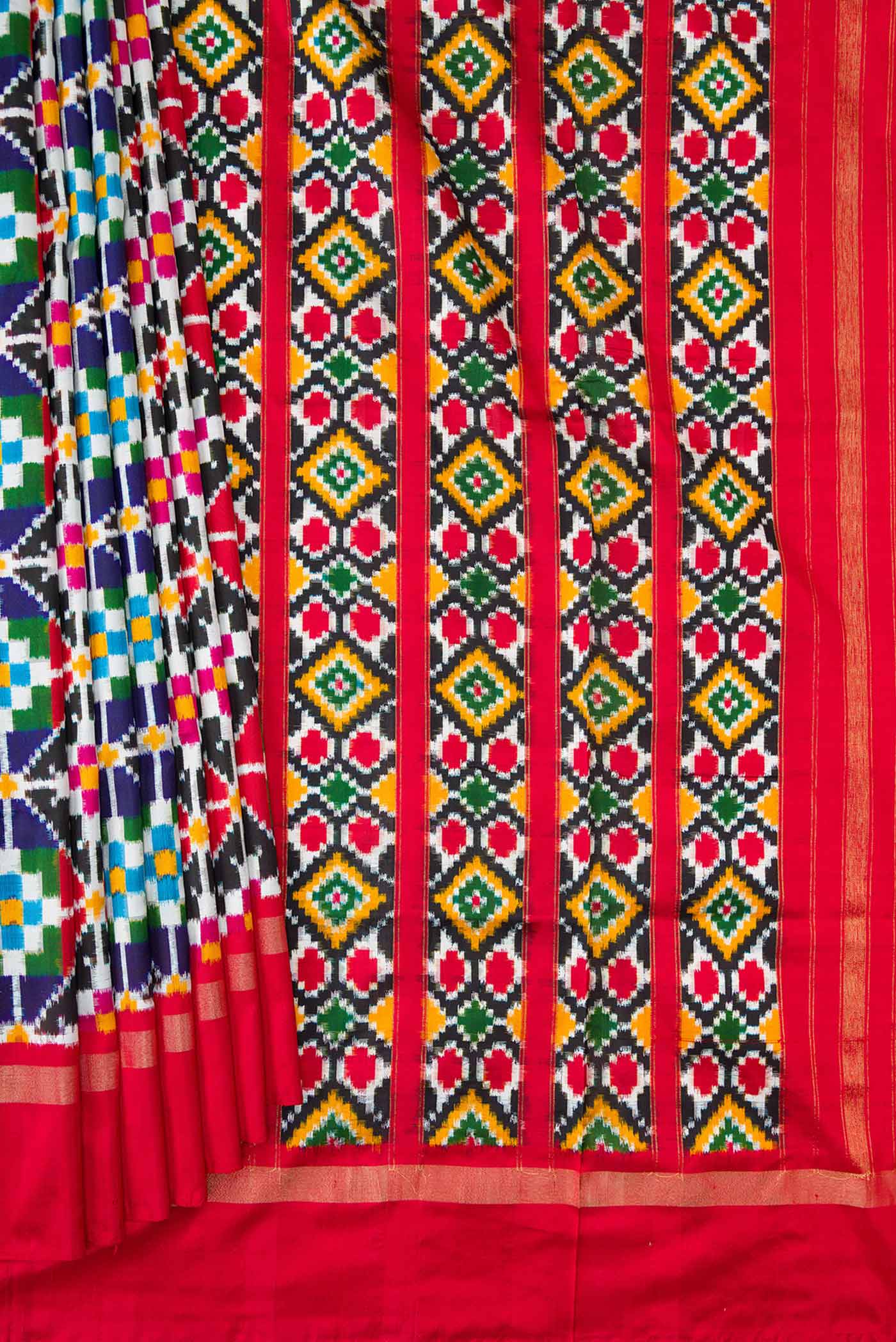 Pleats and pallu of Multi Color Pochampally Silk Saree with Pure Ikat on the body and Zari Border