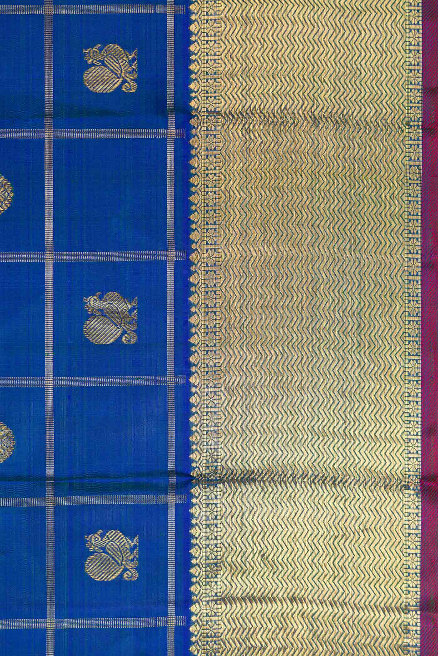 Border image of Pure Silk Pure Zari Peacock Blue Dual Tone Kanjivaram Saree with Checked design on the body and Zari Border. 