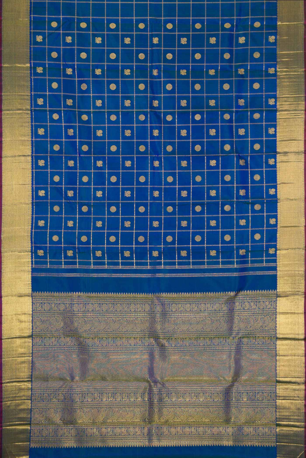 Flat view of Pure Silk Pure Zari Peacock Blue Dual Tone Kanjivaram Saree with Checked design on the body and Zari Border. 