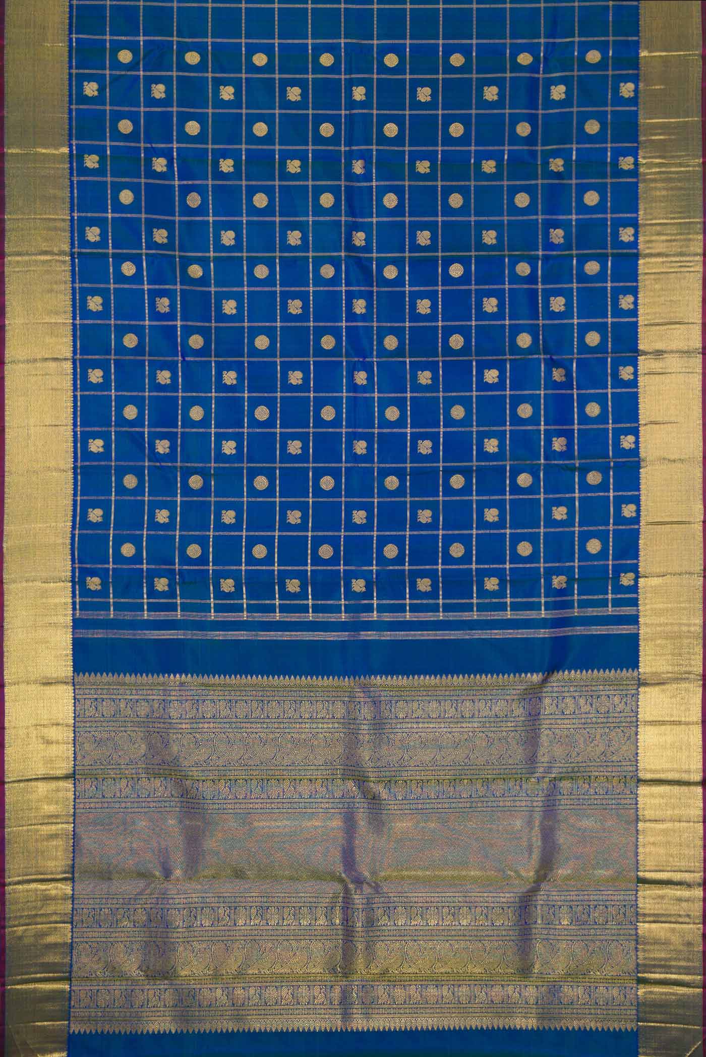 Flat view of Pure Silk Pure Zari Peacock Blue Dual Tone Kanjivaram Saree with Checked design on the body and Zari Border. 