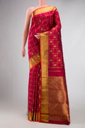 Pure Silk Pure Zari Maroon Dual Tone Kanjivaram Saree with Checked design on the body and Zari Border.  displayed on a mannequin