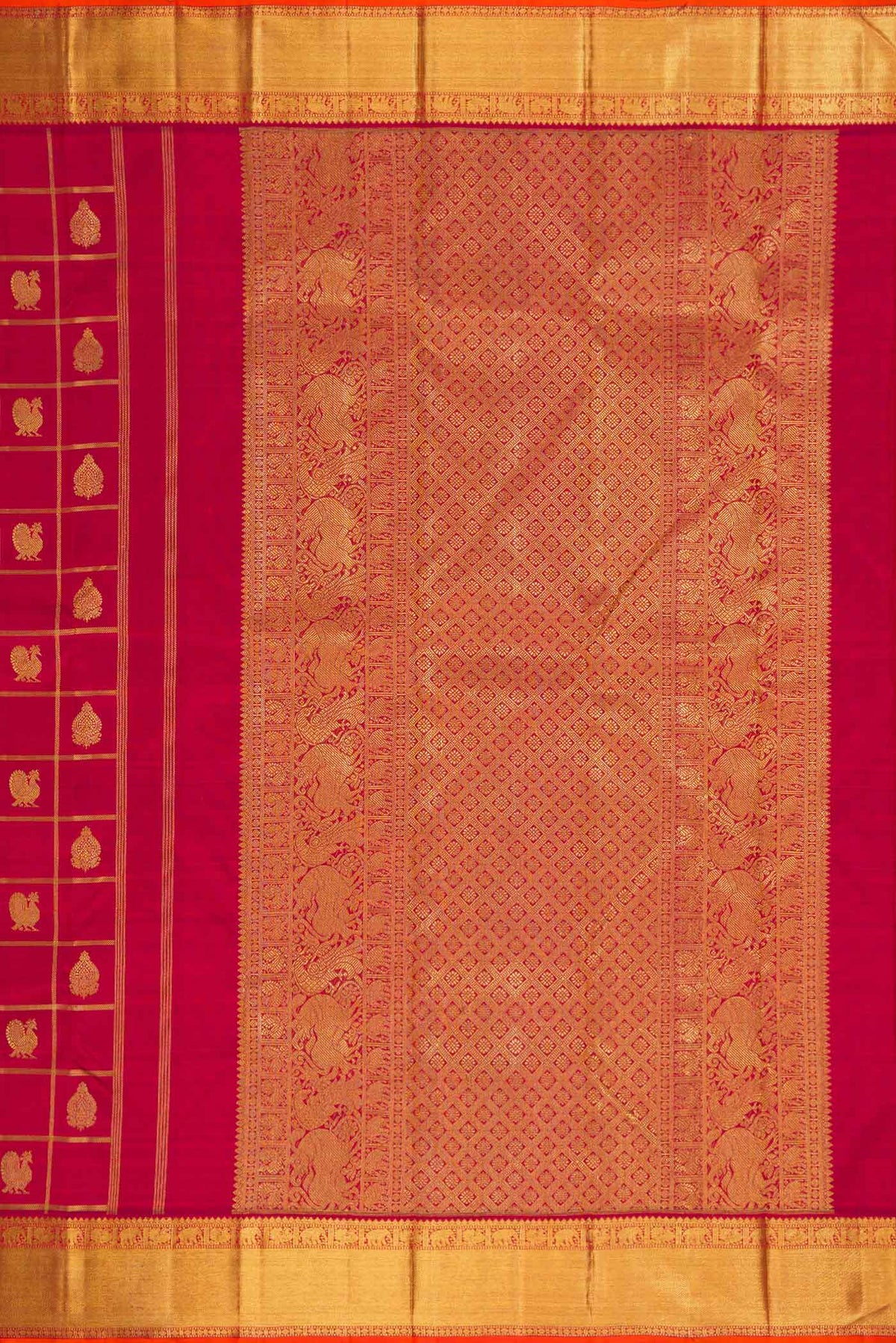 Close up image of the pallu of Pure Silk Pure Zari Maroon Dual Tone Kanjivaram Saree with Checked design on the body and Zari Border. 