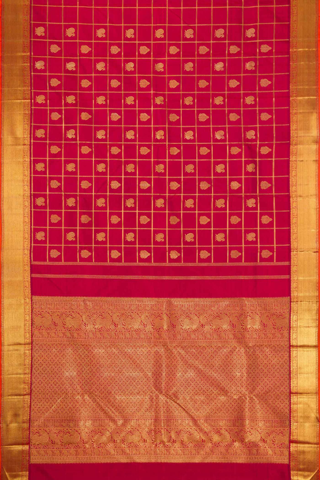 Flat view of Pure Silk Pure Zari Maroon Dual Tone Kanjivaram Saree with Checked design on the body and Zari Border. 