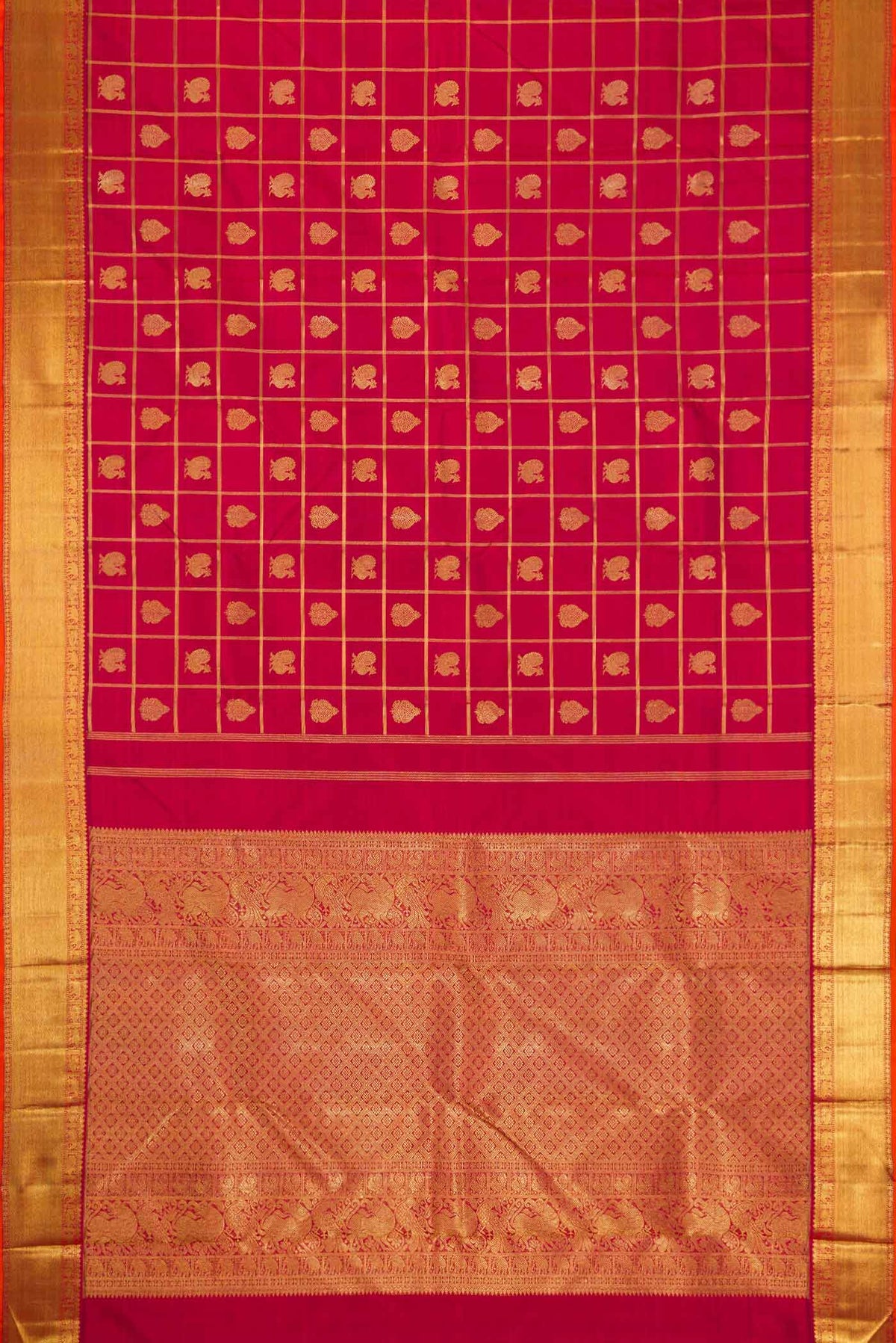 Flat view of Pure Silk Pure Zari Maroon Dual Tone Kanjivaram Saree with Checked design on the body and Zari Border. 