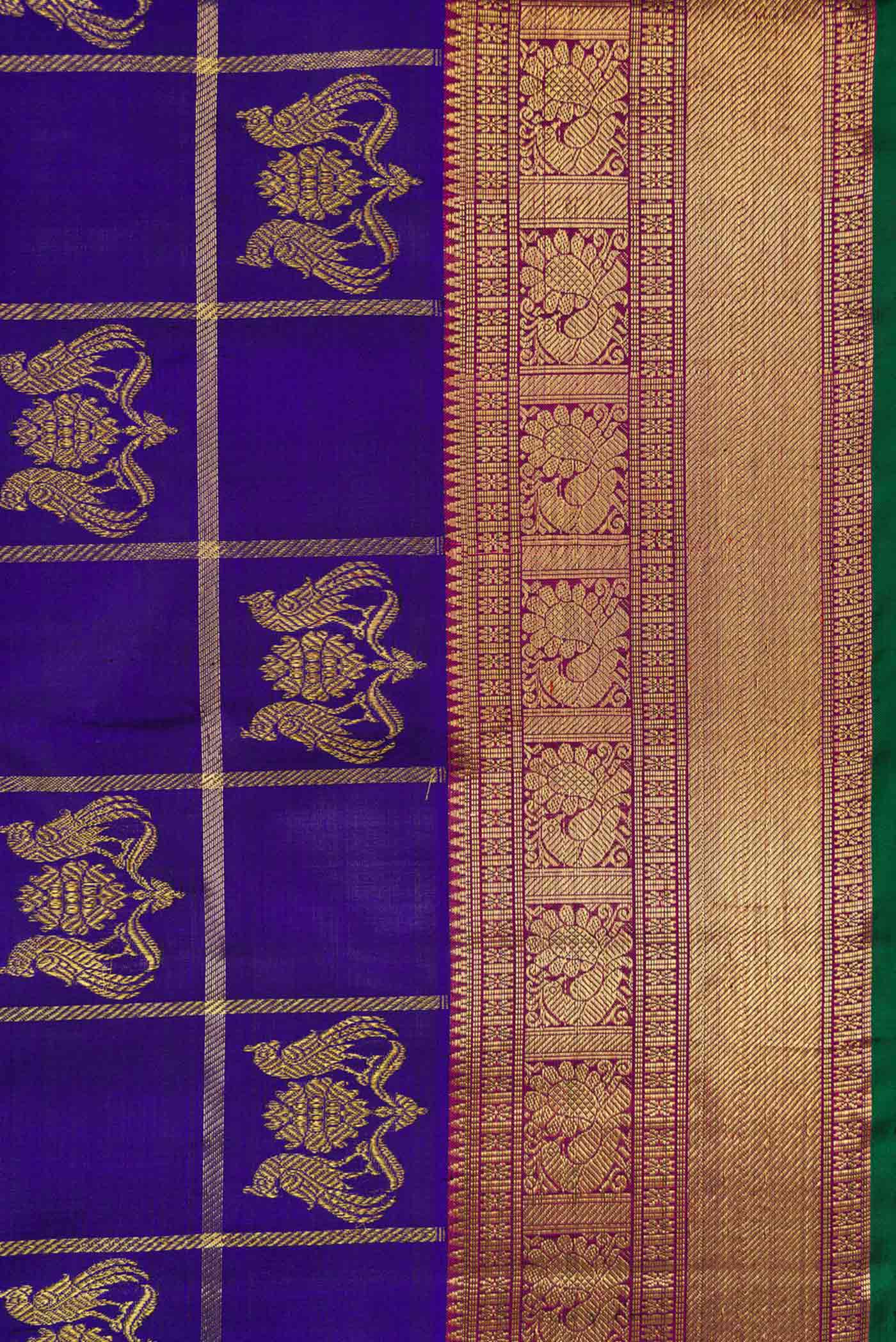 Border image of Royal Blue Dual Tone Kanjivaram Silk Saree with Checked design on the body and Zari Border. 