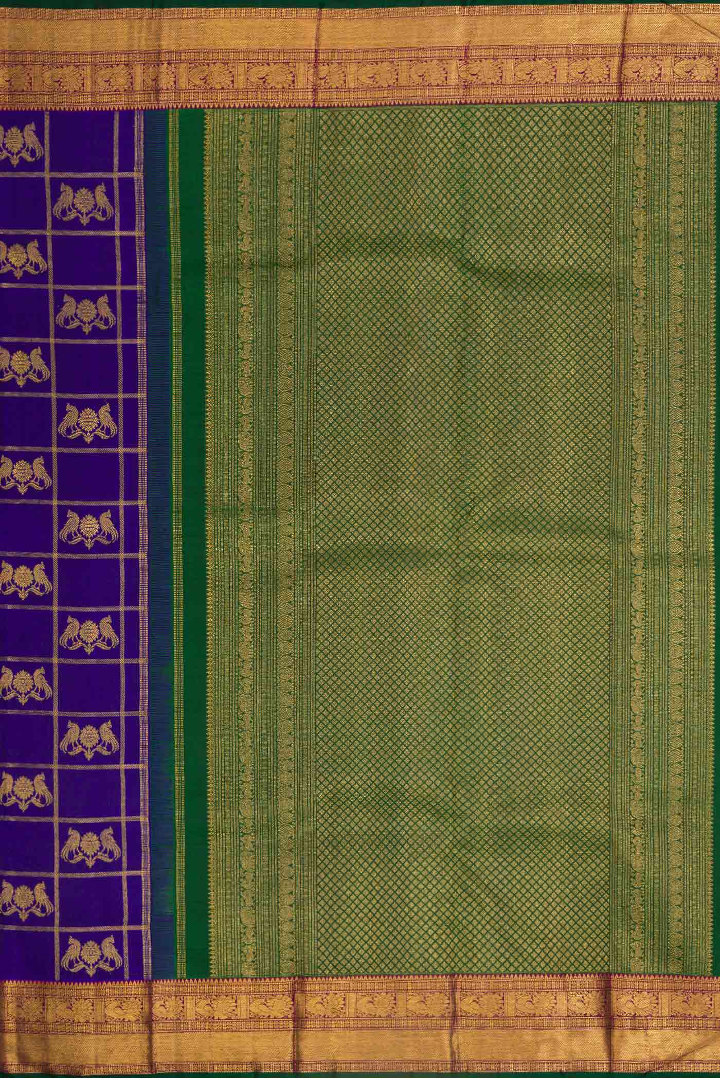 Close up image of the pallu of Royal Blue Dual Tone Kanjivaram Silk Saree with Checked design on the body and Zari Border. 