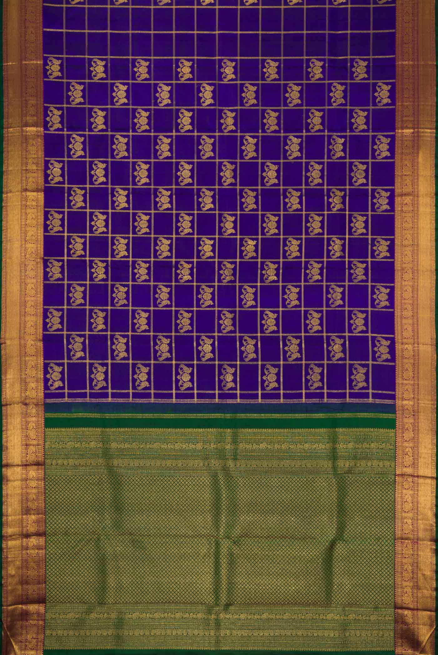 Flat view of Royal Blue Dual Tone Kanjivaram Silk Saree with Checked design on the body and Zari Border. 